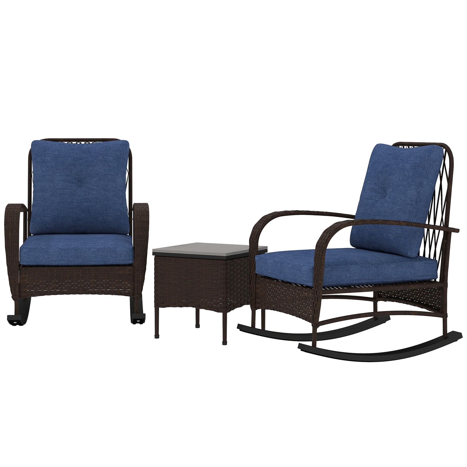 Outsunny Rocking Chairs & Coffee Table, Patio Furniture Set with Cushion, Brown