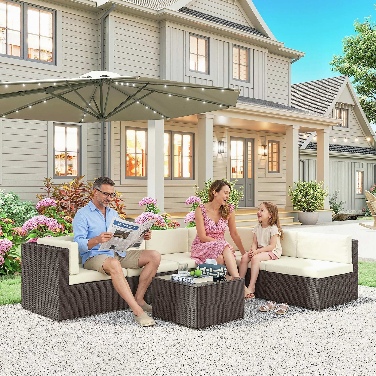 Rattan 7 Piece Patio Furniture Set Glass Top Coffee Table All Weather