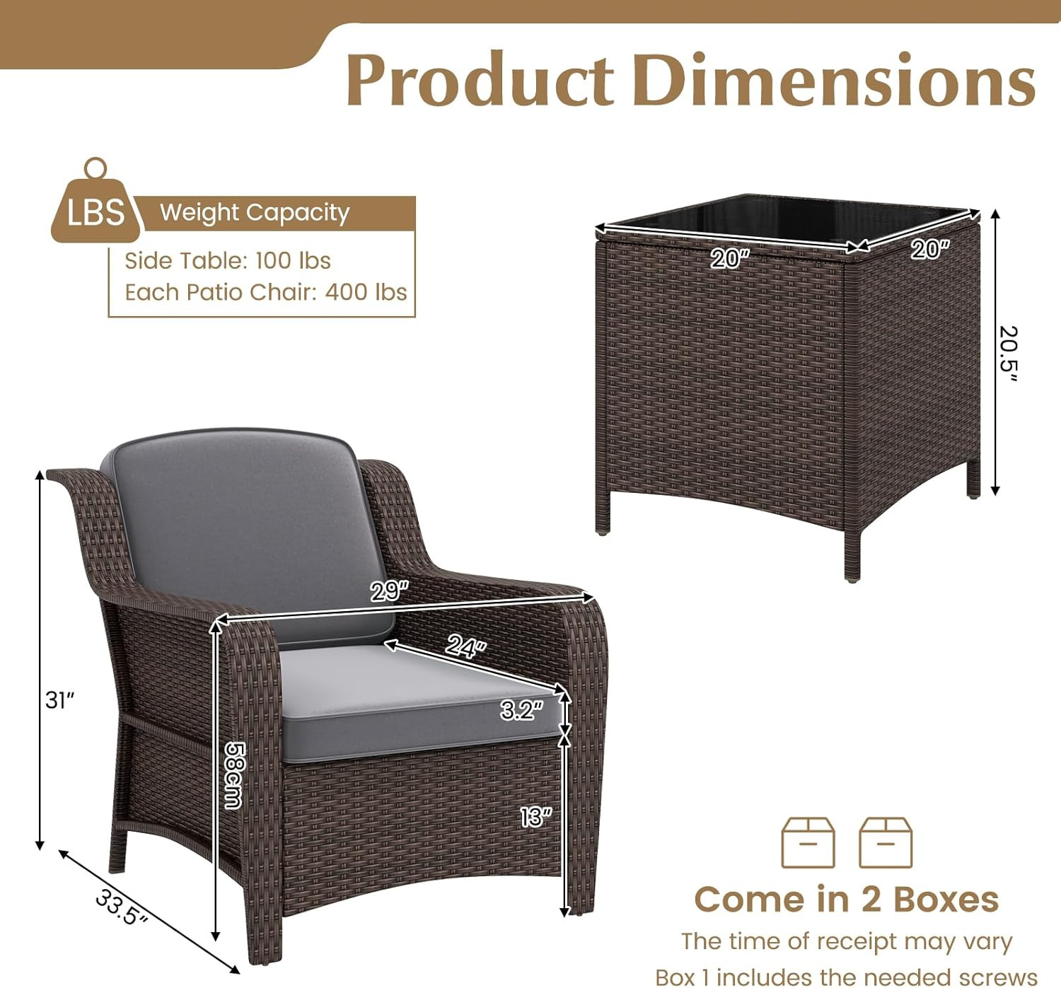 3 Pieces Outdoor Patio Furniture Set, Patiojoy PE Rattan Wicker Chairs with Cush