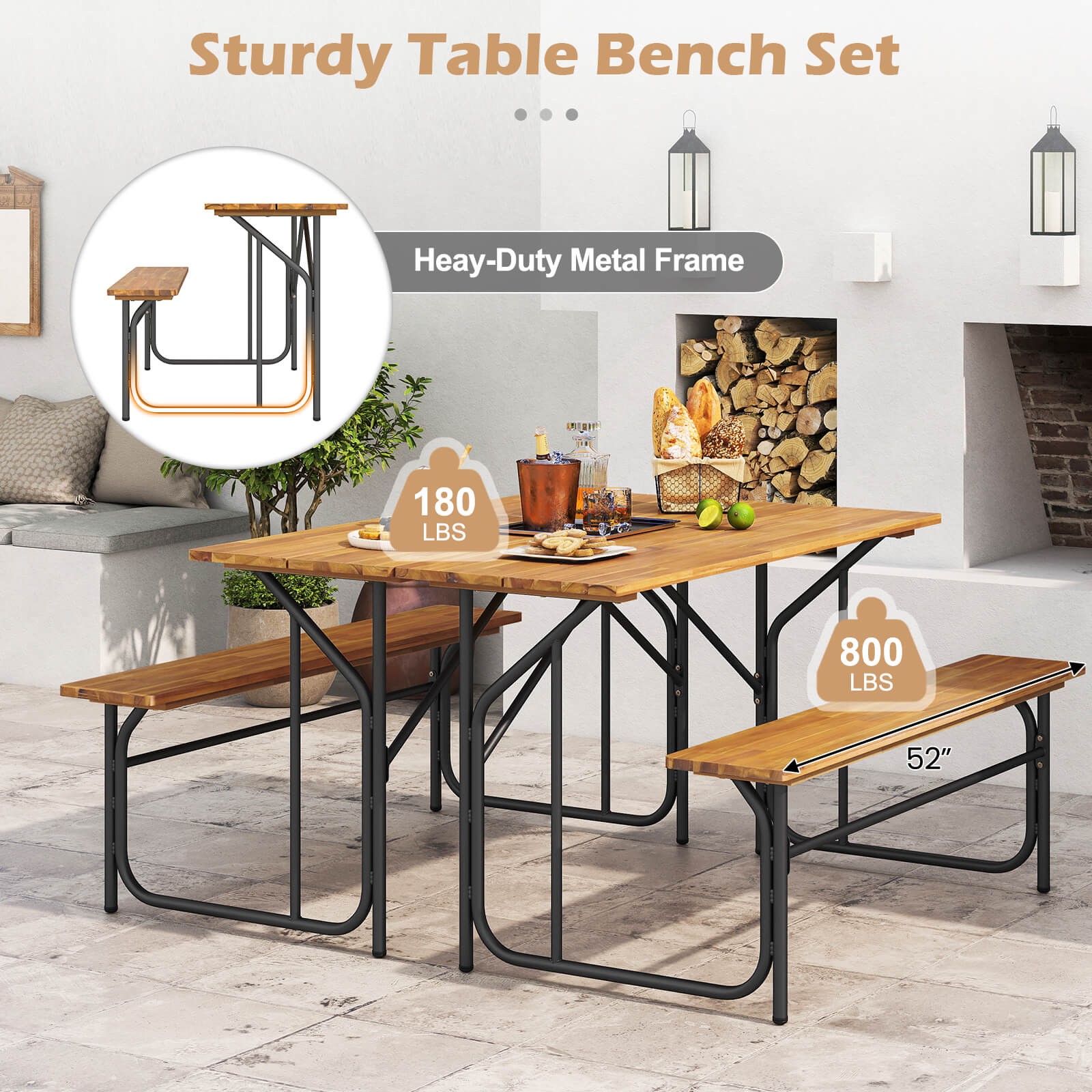 Patio Table Bench Set for 2 Picnic Table & Loveseat w/Acacia Wood Top Metal Legs