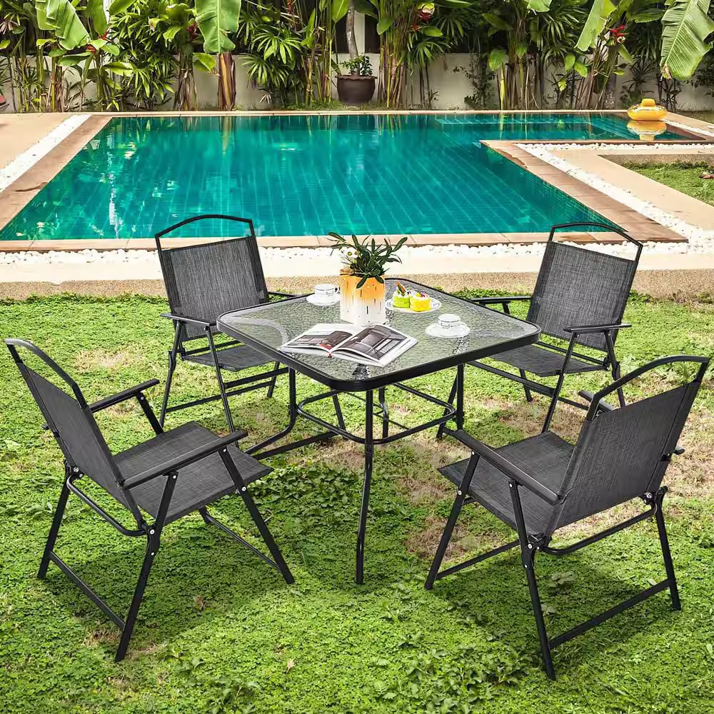 Patio Folding Chairs Set of 4 with Cozy Seat Fabric and Heavy-Duty Metal Frame-G