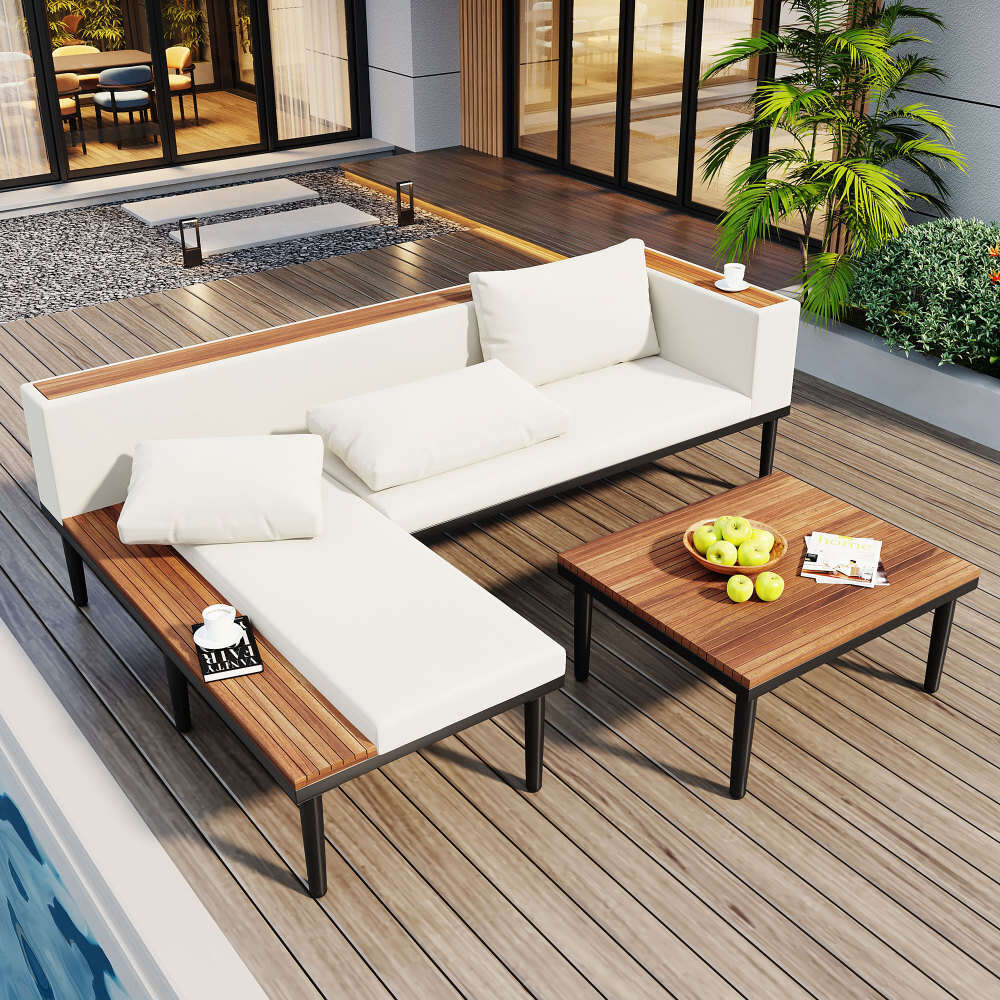 Luxury Acacia Wood L-Shaped Patio Set w/ Removable Cushions & Coffee Table