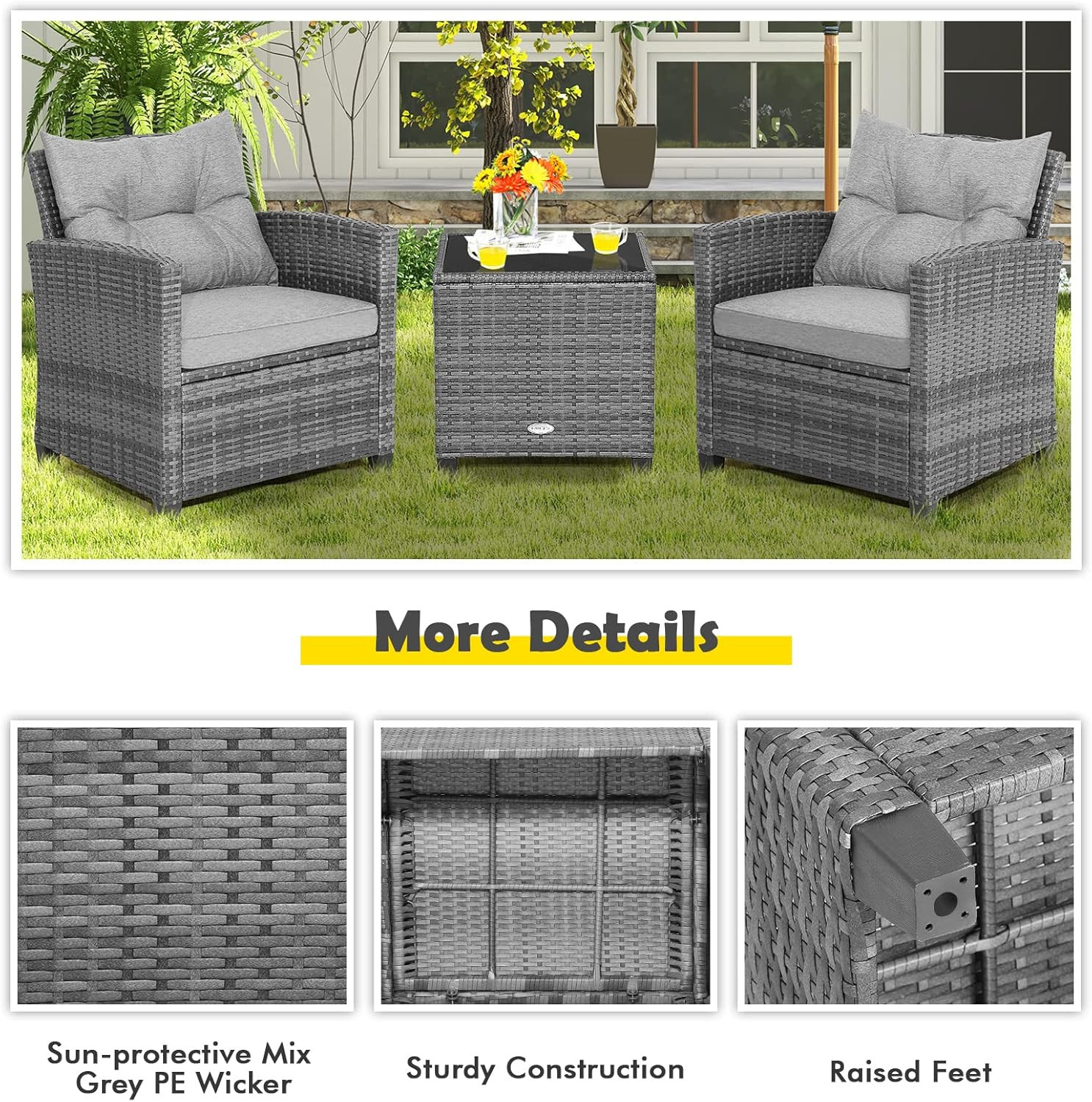 3-Piece Patio Furniture Set, Outdoor Wicker Rattan Sofa with Cushions, Coffee Ta