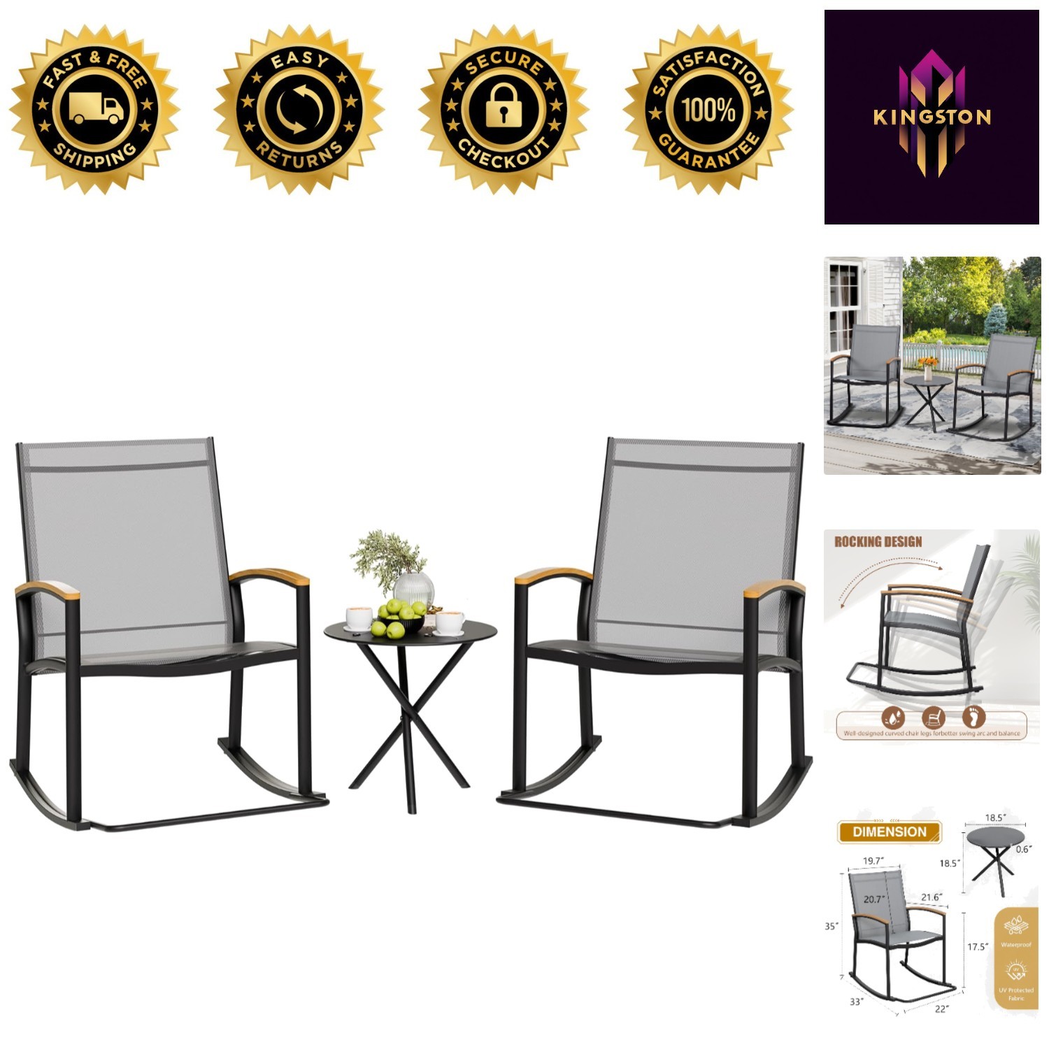 3-Piece Lightweight Outdoor Rocking Set in Elegant Gray – Perfect for Balconies