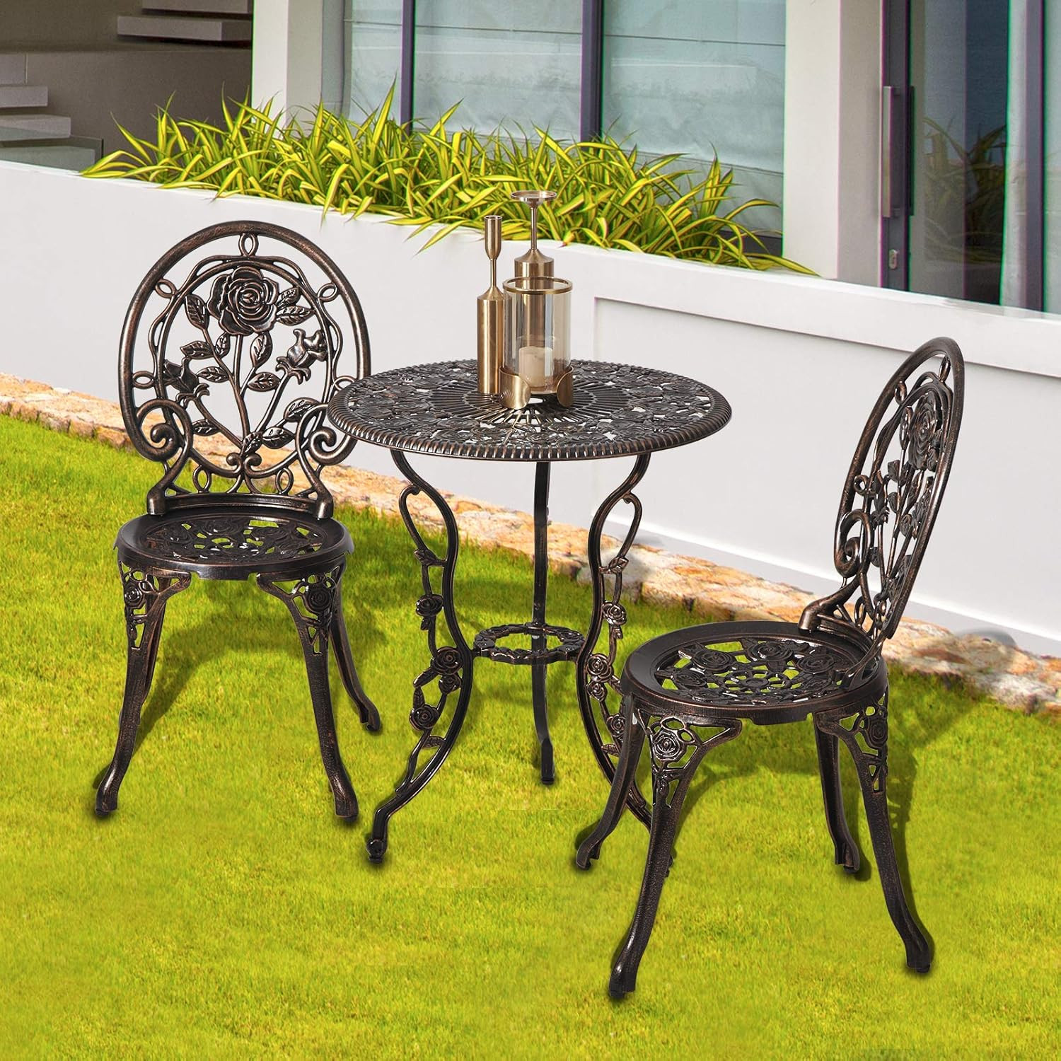 HOMEFUN Bistro Table and Chairs Set of 2 Outdoor 3 Piece Patio Set, Rose Pattern