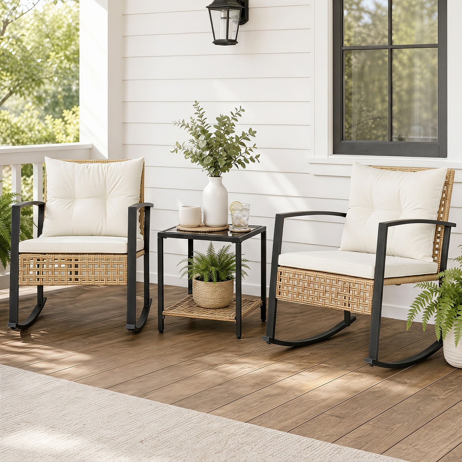 3PCS Outdoor Rocking Chair Set with 2 Chairs 2-Tier Glass-Top Coffee Table