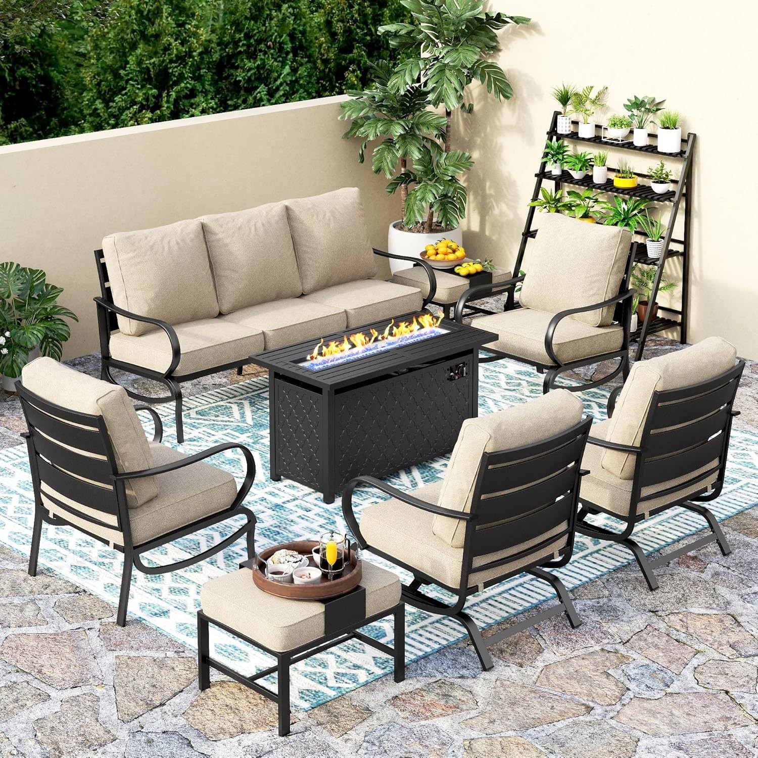 8 Pcs Patio Furniture Set Garden Lawn Outdoor Set With Gas Fire Pit Table Heater