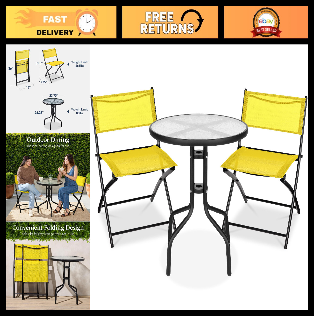 3-Piece Patio Bistro Dining Set, Textured Glass Table, 2 Folding Steel Chairs, Y