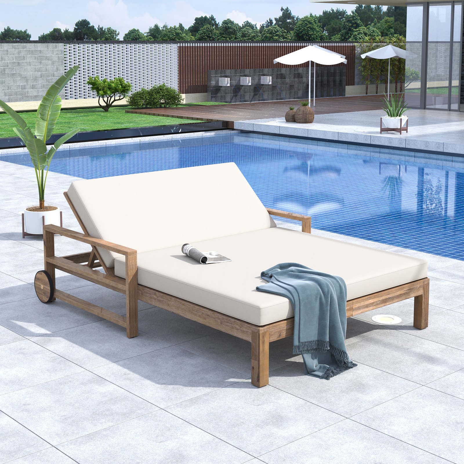 Farmhouse-Style Wooden Outdoor Sunbed Daybed Seats 2 People, Beige