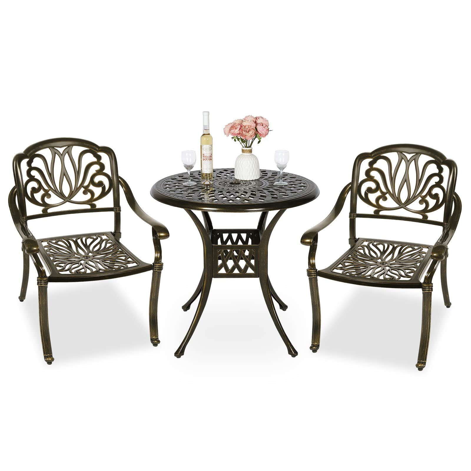 3PCS Patio Dining Set Outdoor Bistro Sets Cast Aluminum Round Table & Chairs Set