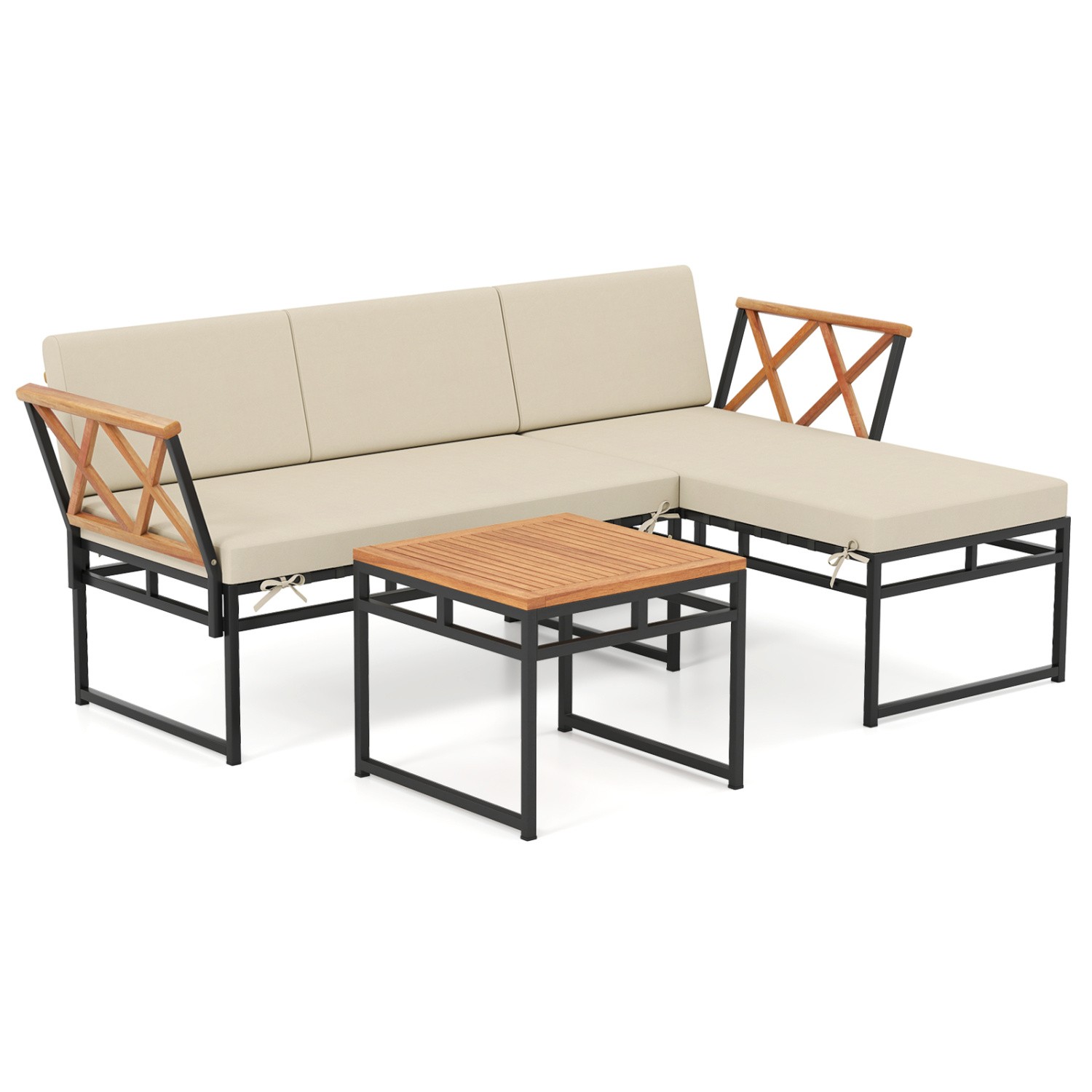 3-Piece L-Shaped Patio Furniture Set Porch Backyard Poolside Beige Rattan Sofa