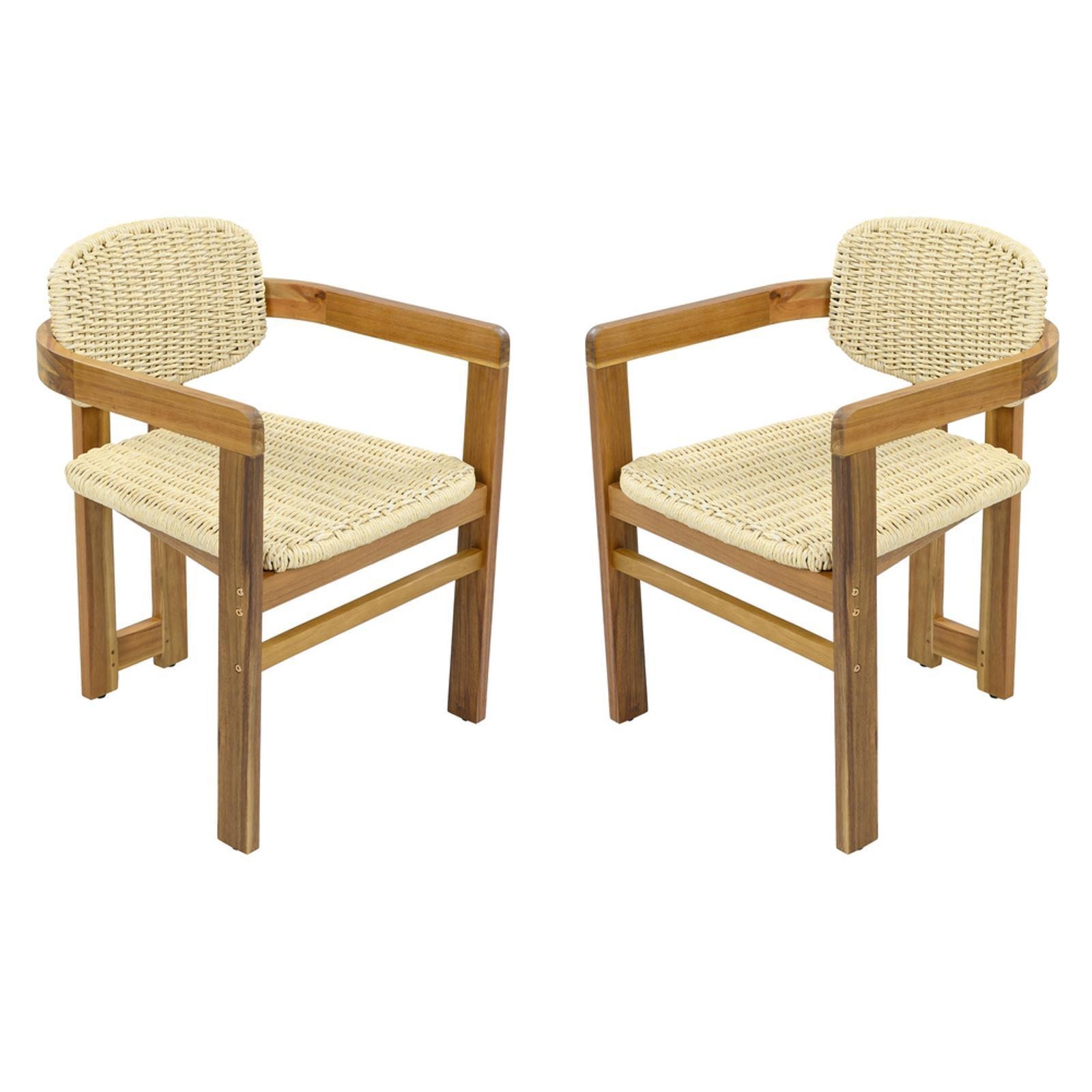 Modern Outdoor Rattan Armchair Set, Acacia Wood, Ergonomic Patio Chairs for