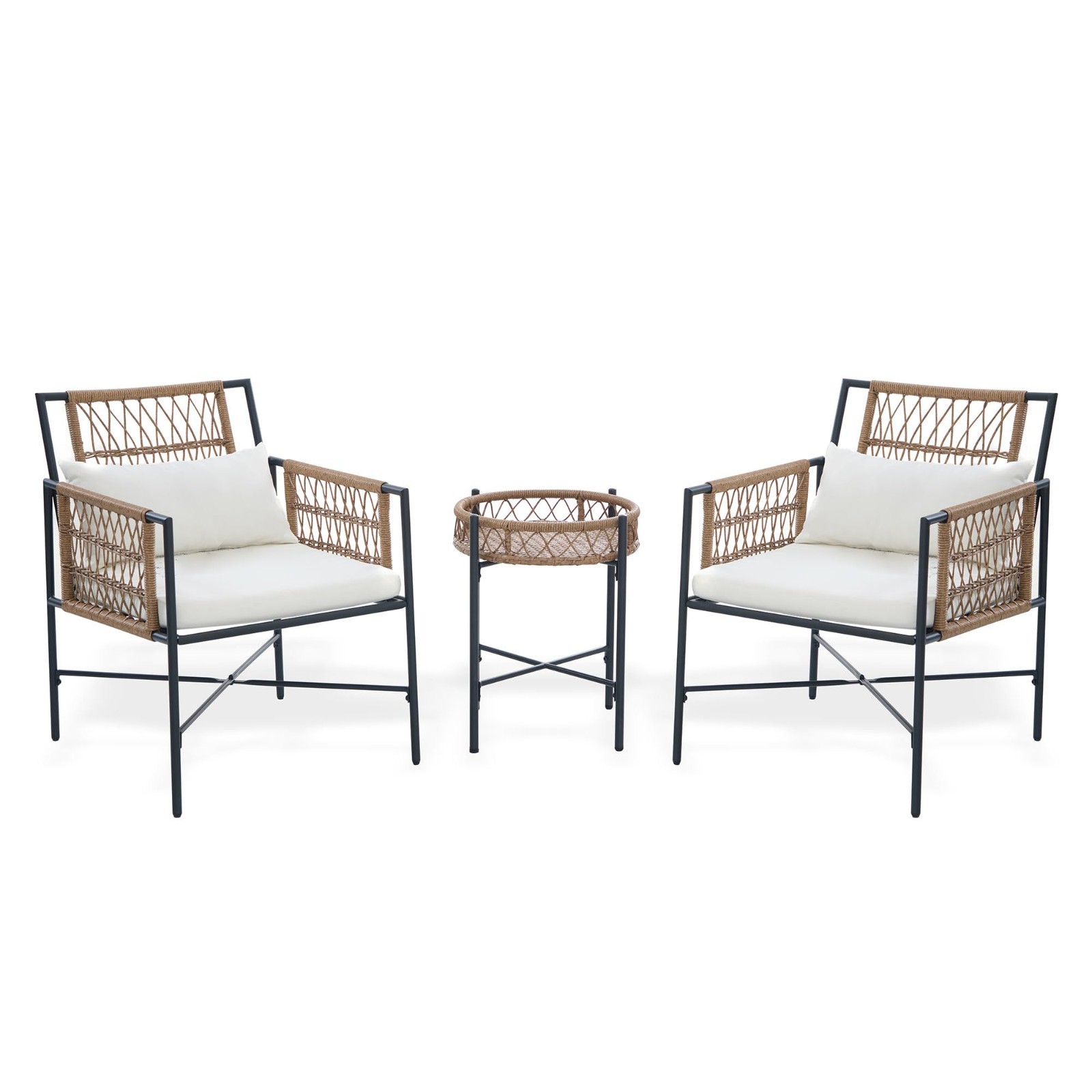 3Piece Rattan Bistro Set, Chairs & Round Table, Steel Frame for Balcony Backyard
