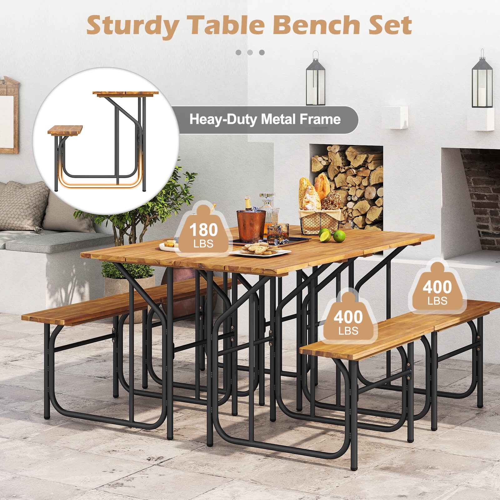 2PCS Patio Table Bench Set Picnic Table & Seat w/ Acacia Wood Top Metal Legs