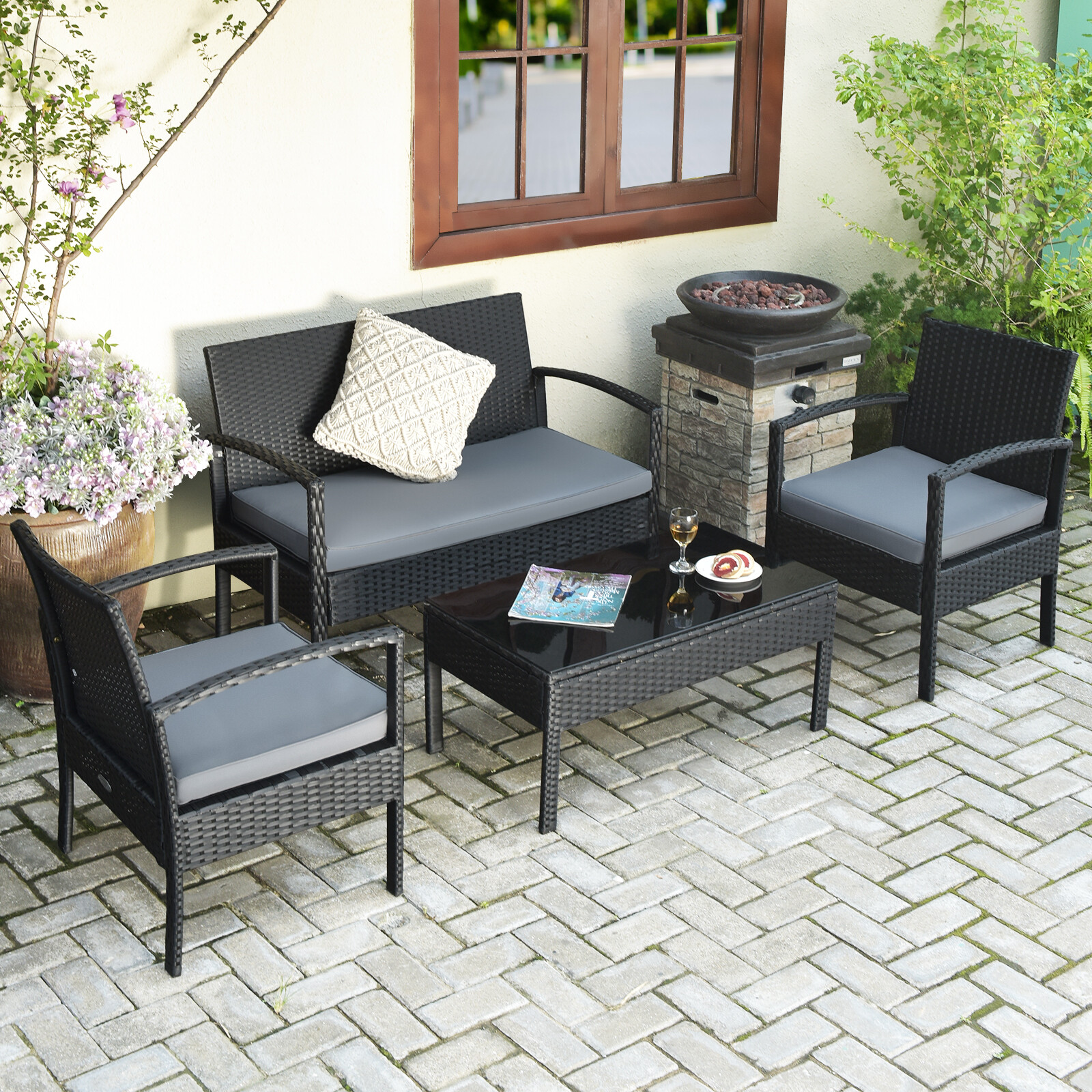 4PCS Outdoor Patio Rattan Furniture Set Cushioned Sofa Coffee Table Chair Deck