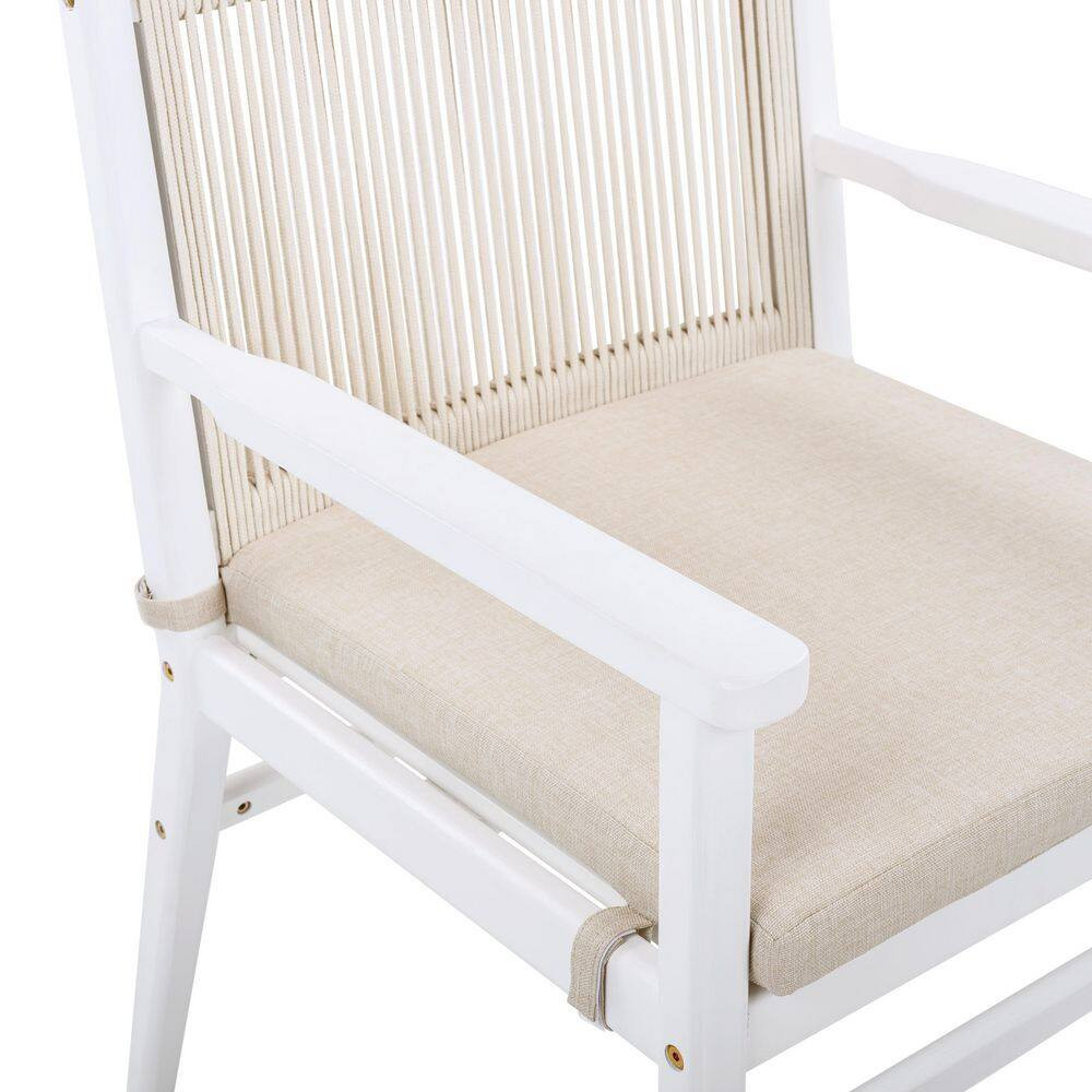 2-Piece Outdoor Dining Chairs Acacia Wood Patio Armchair with Rope and Cushion,