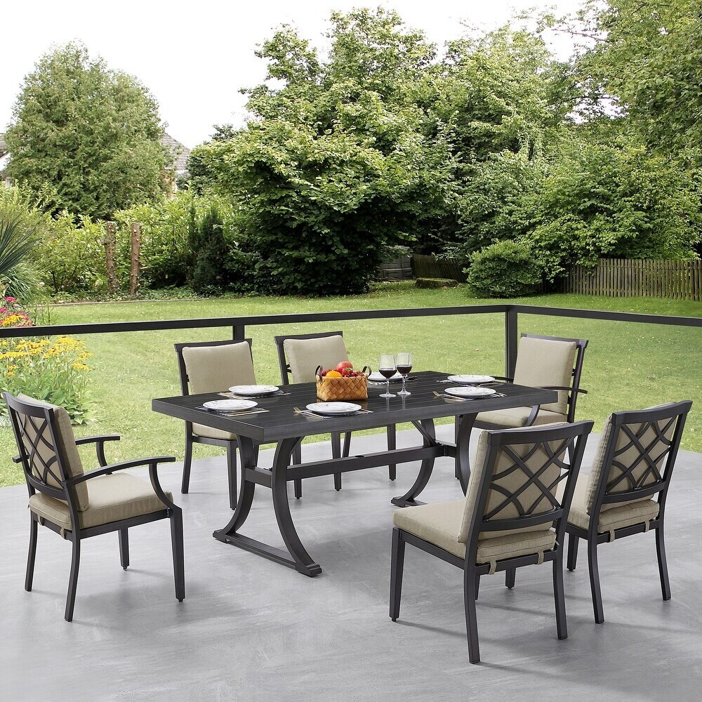Brand New 7-Piece Modern Aluminum Outdoor Dining Set w/ Beige Cushions