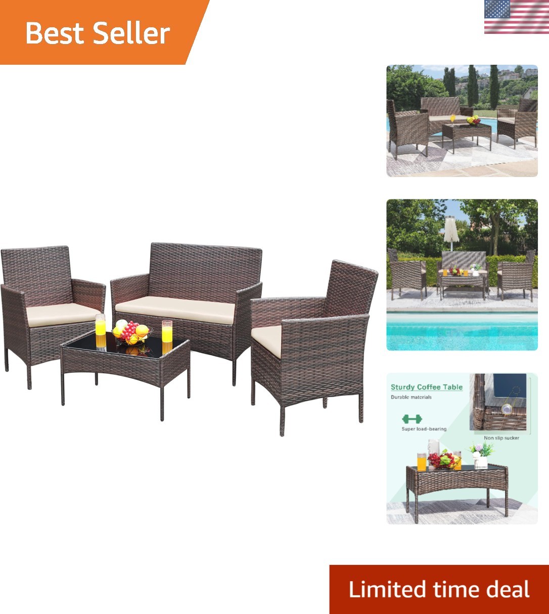 Stylish 4-Piece Outdoor Furniture Set – Loveseat, Chairs & Glass Table Included