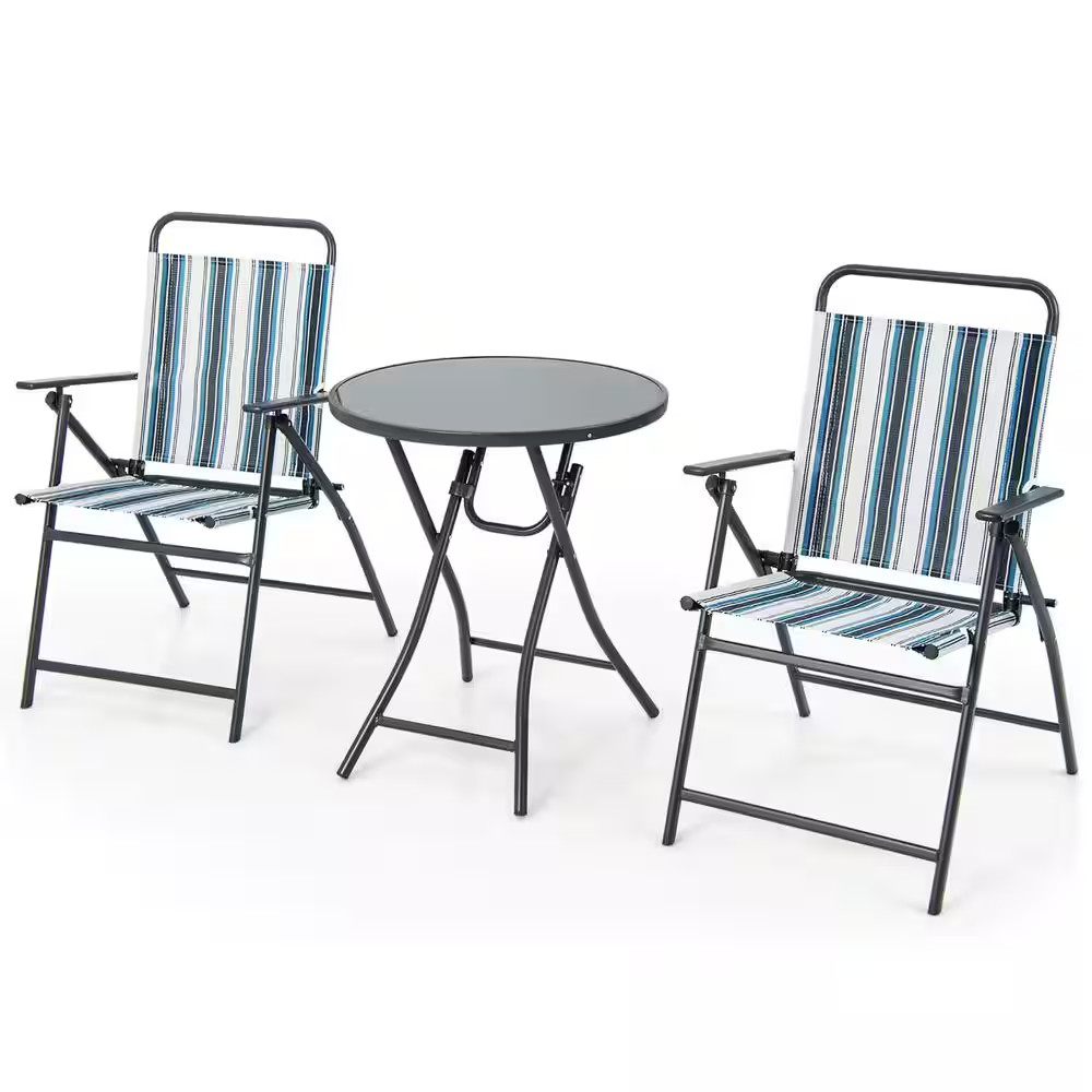 3-Piece Metal Folding Chair Set with 2 Chairs and Glass round Coffee Table Porch