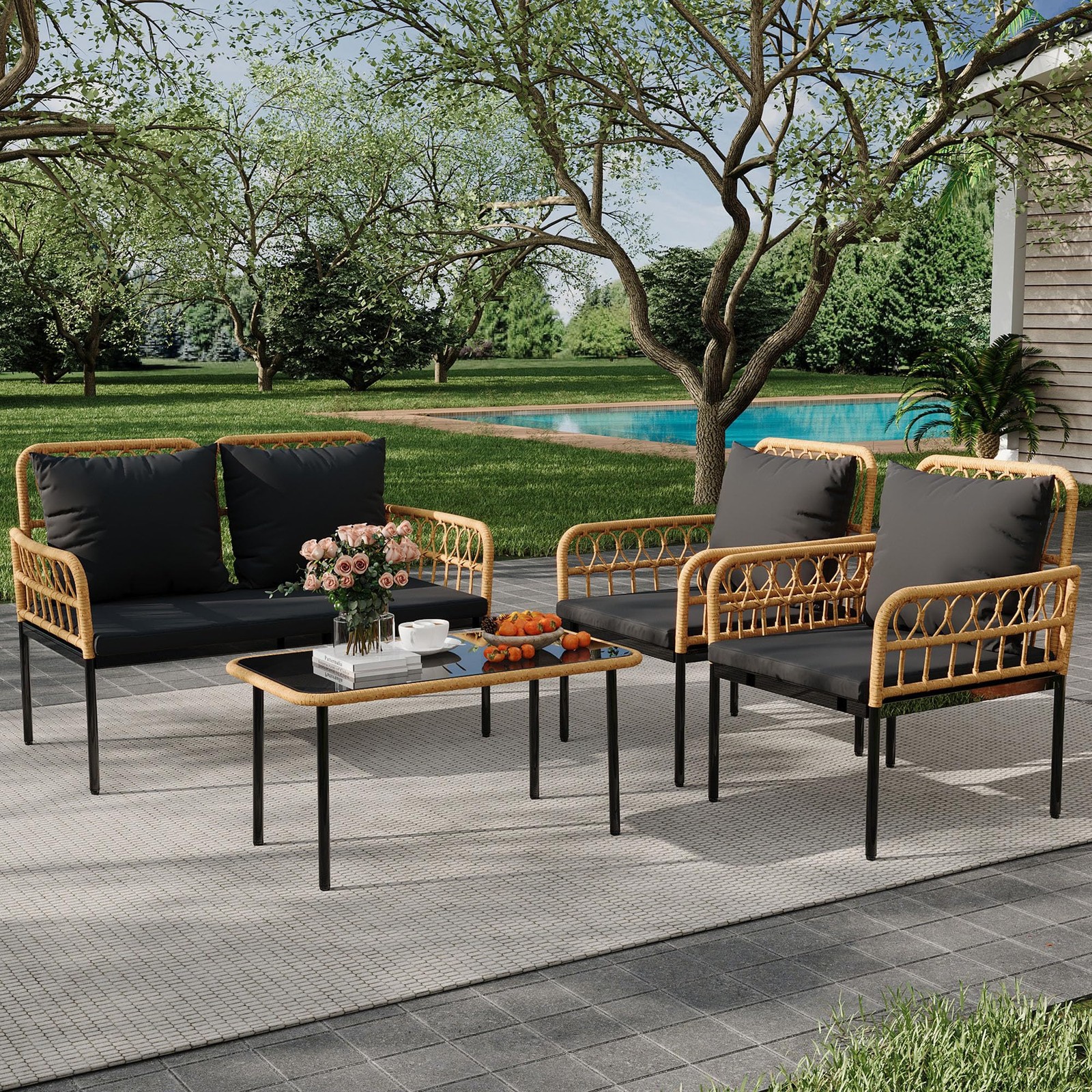 4 Piece Outdoor Patio Furniture Set, All-Weather Wicker Table and Chair Set Set