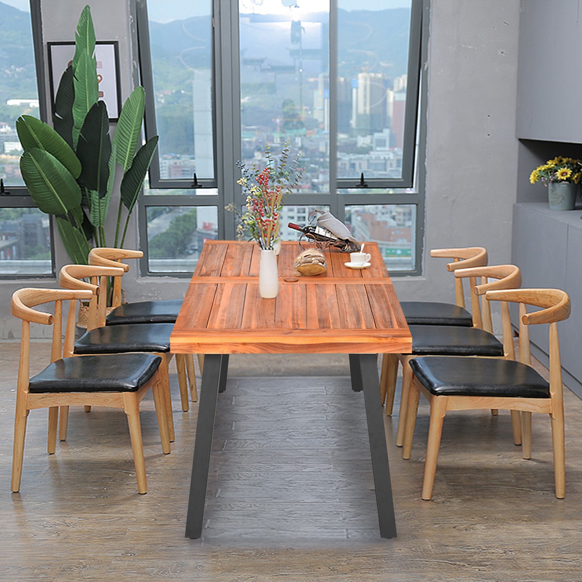 6-Person Picnic Dining Table Finish Acacia Table Patio w/Metal Leg Umbrella Hole