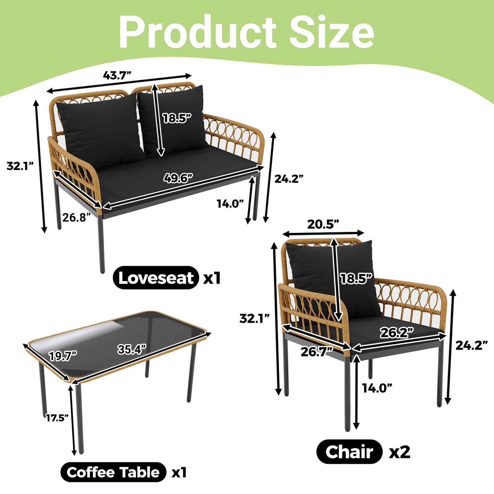 4 Piece Outdoor Patio Furniture Set, All-Weather Wicker Table and Chair Set Set
