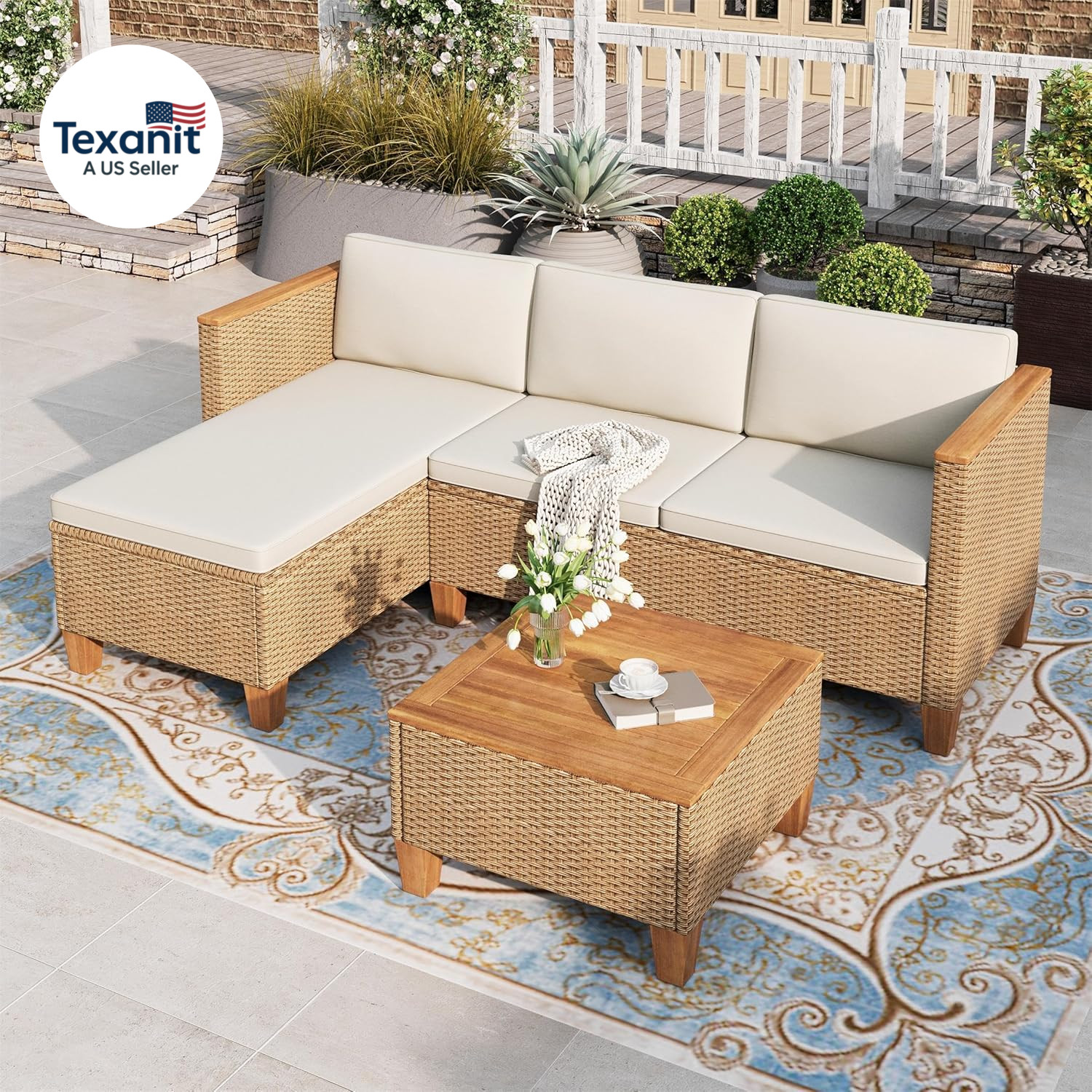 Small Patio Furniture Set, 3 Pieces Wicker Outdoor Sectional Sets,Yellow Rattan