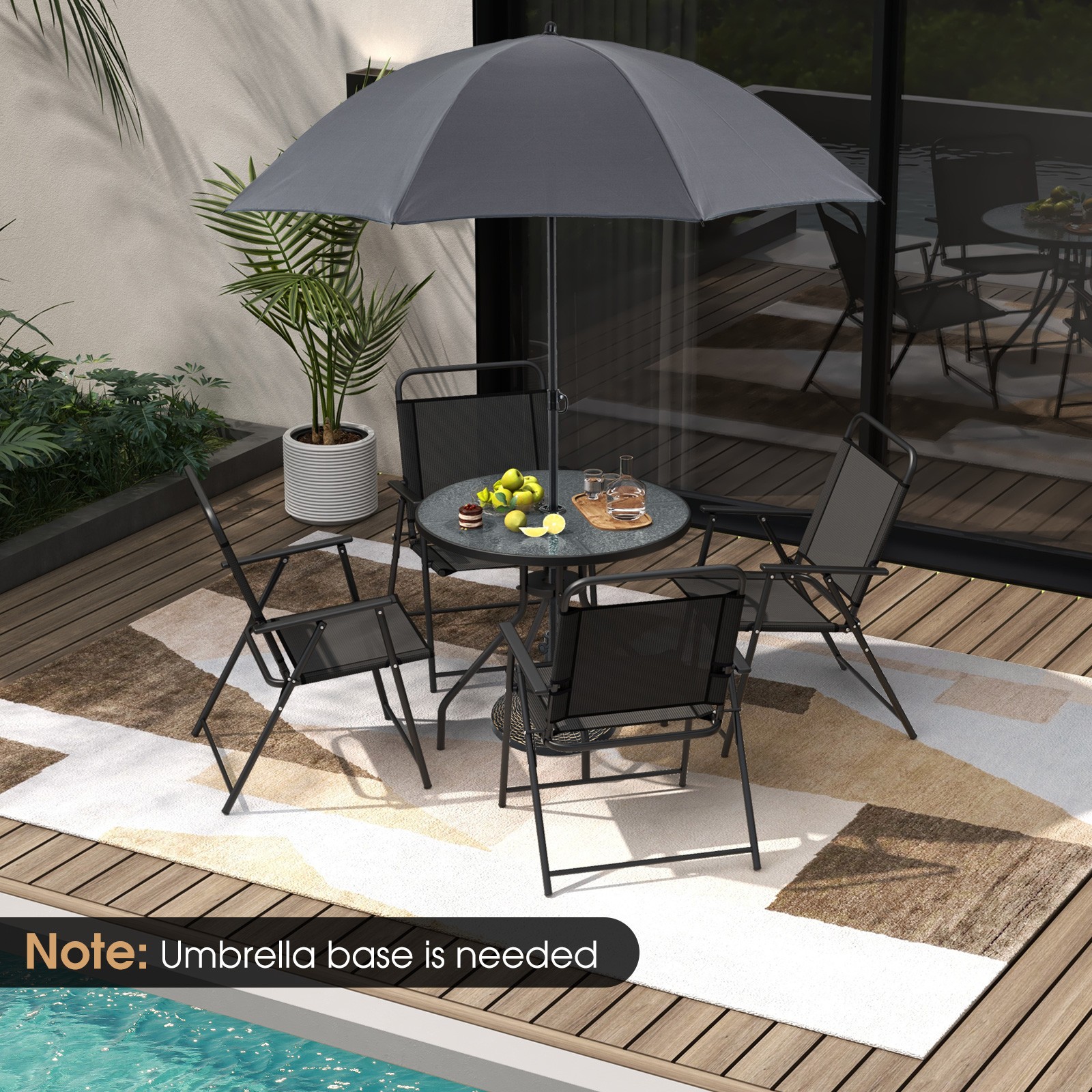 6Pcs Patio Dining Set Folding Chairs Glass Table Tilt Umbrella Gray