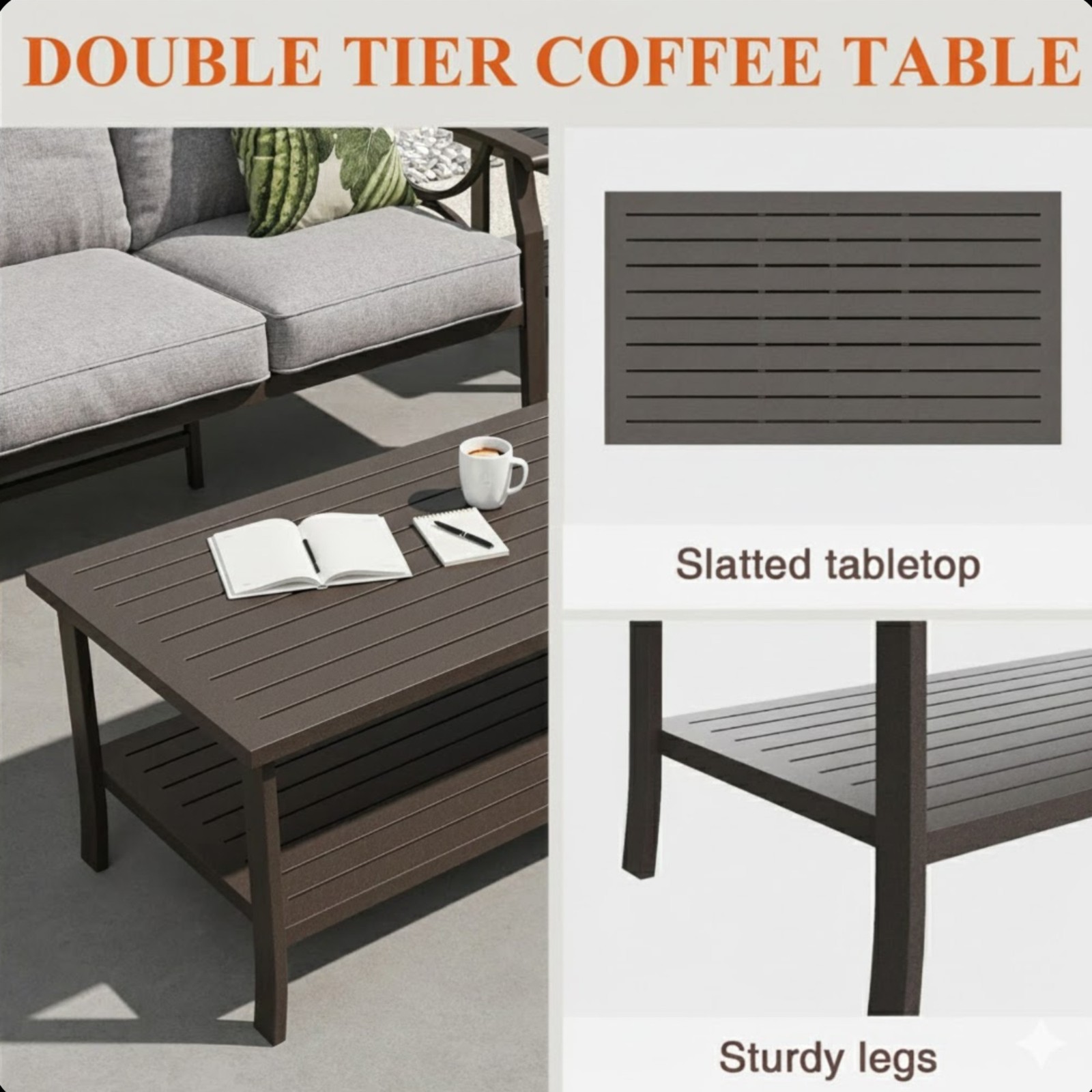 Outdoor Patio Set 70″ 3-Seat Sofa & Coffee Table with Cushions
