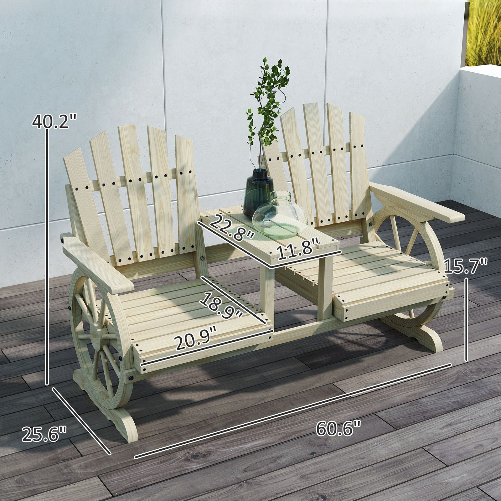 Outdoor Garden Bench: 2-Seat, Table, Umbrella Hole, Fir Wood