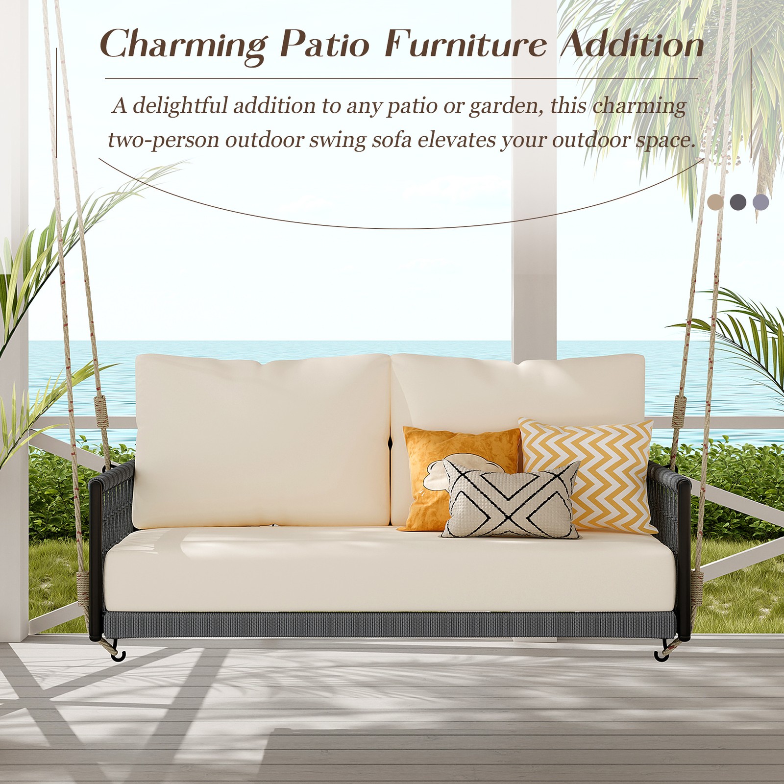 2-Person Outdoor Swing Sofa with Cushions, Woven Rope & Iron Frame