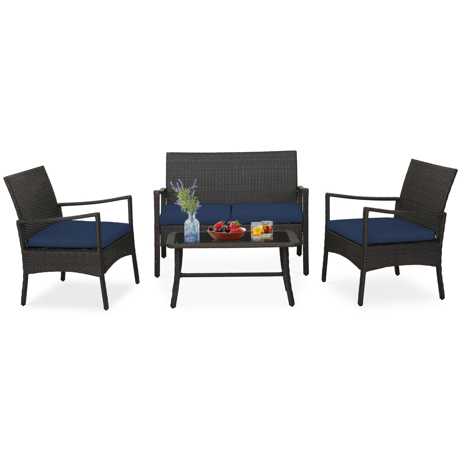 4PCS Patio Rattan Wicker Furniture Set Cushioned Sofa Armrest Coffee Table Navy