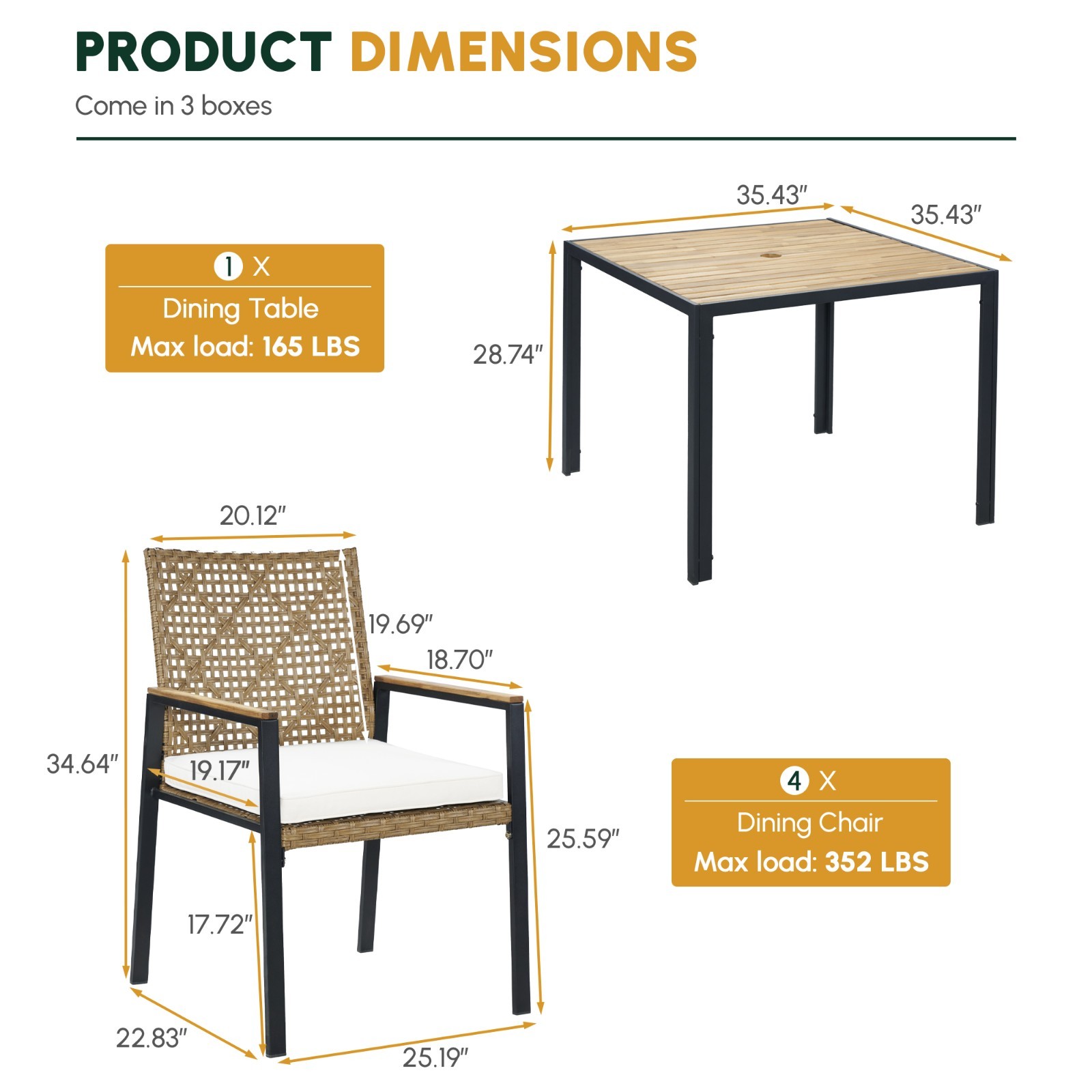 All Weather 5-Piece Patio Dining Table Sets, Patio Conversation Set Wood Table