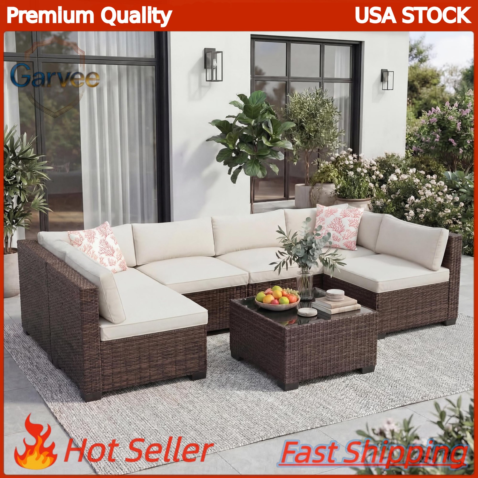 7-Piece Outdoor Sectional Set Rattan Sofa Coffee Table Water-Resistant Cushions