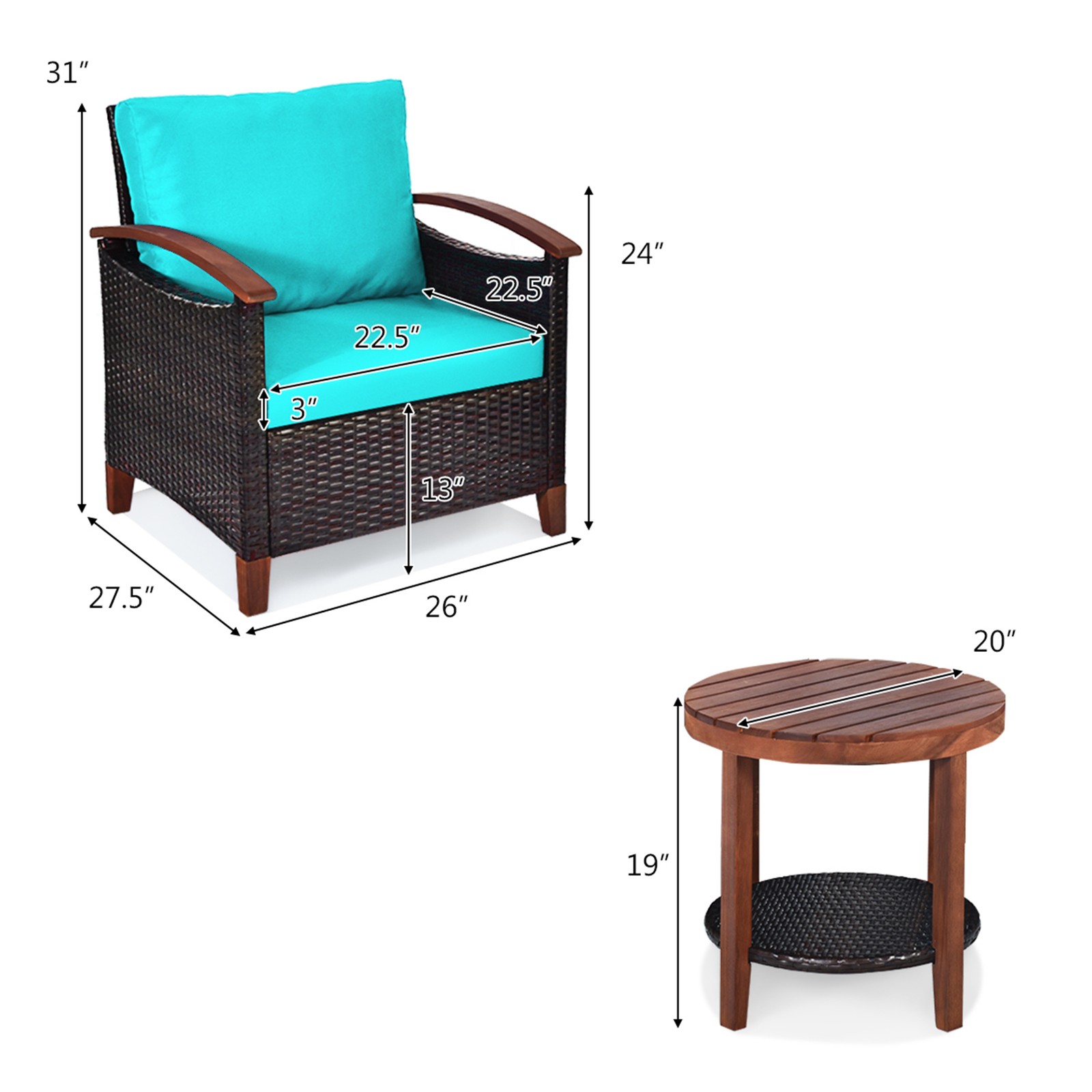 3PCS Patio Wicker Rattan Conversation Set Outdoor Furniture Set w/ Turquoise
