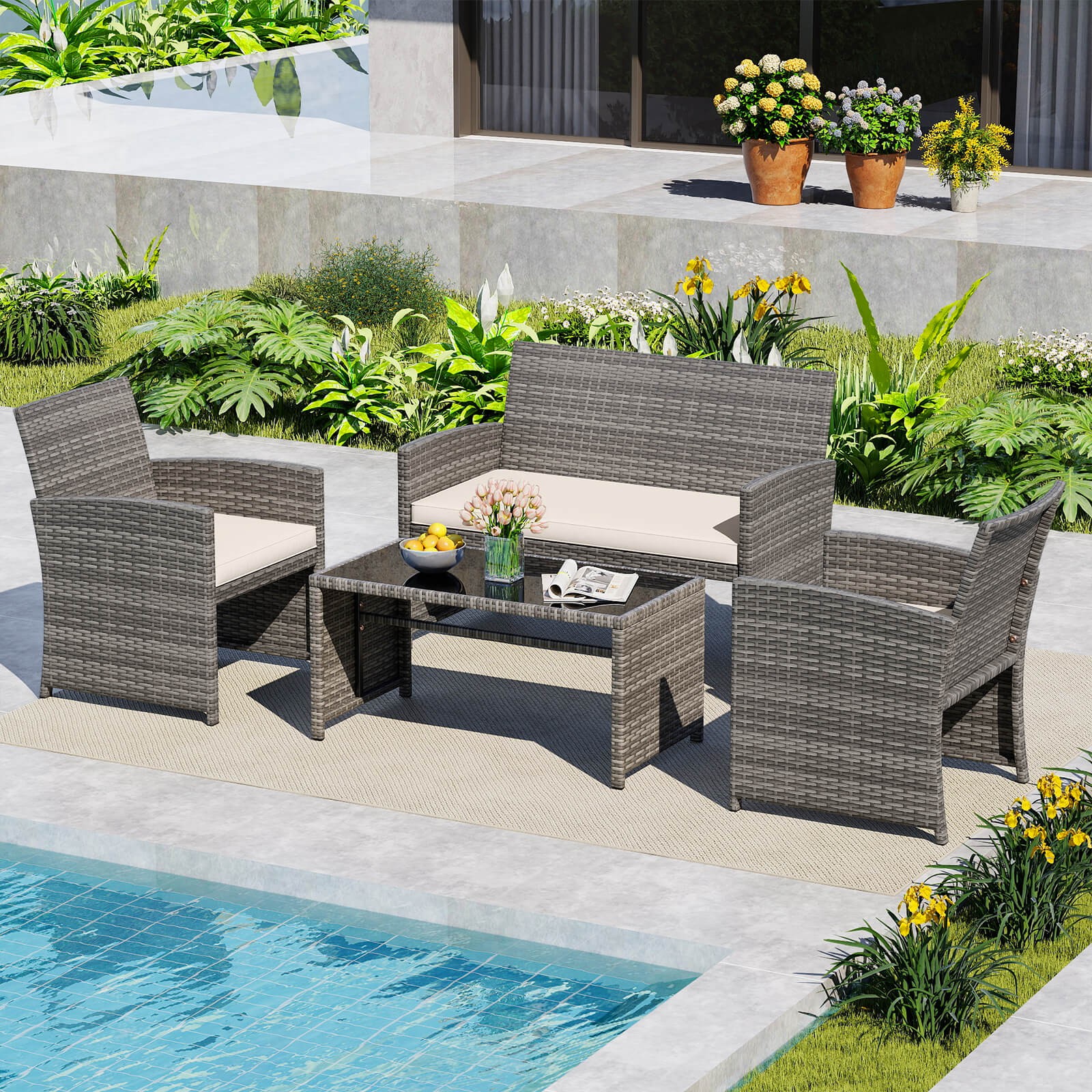4PCS Patio Conversation Set w/Seat Cushions & Tempered Glass Tabletop, Outdoor