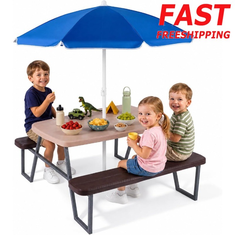 Kids Picnic Table 4 Person Toddler Outdoor Table and Chair Set Built-in Benches