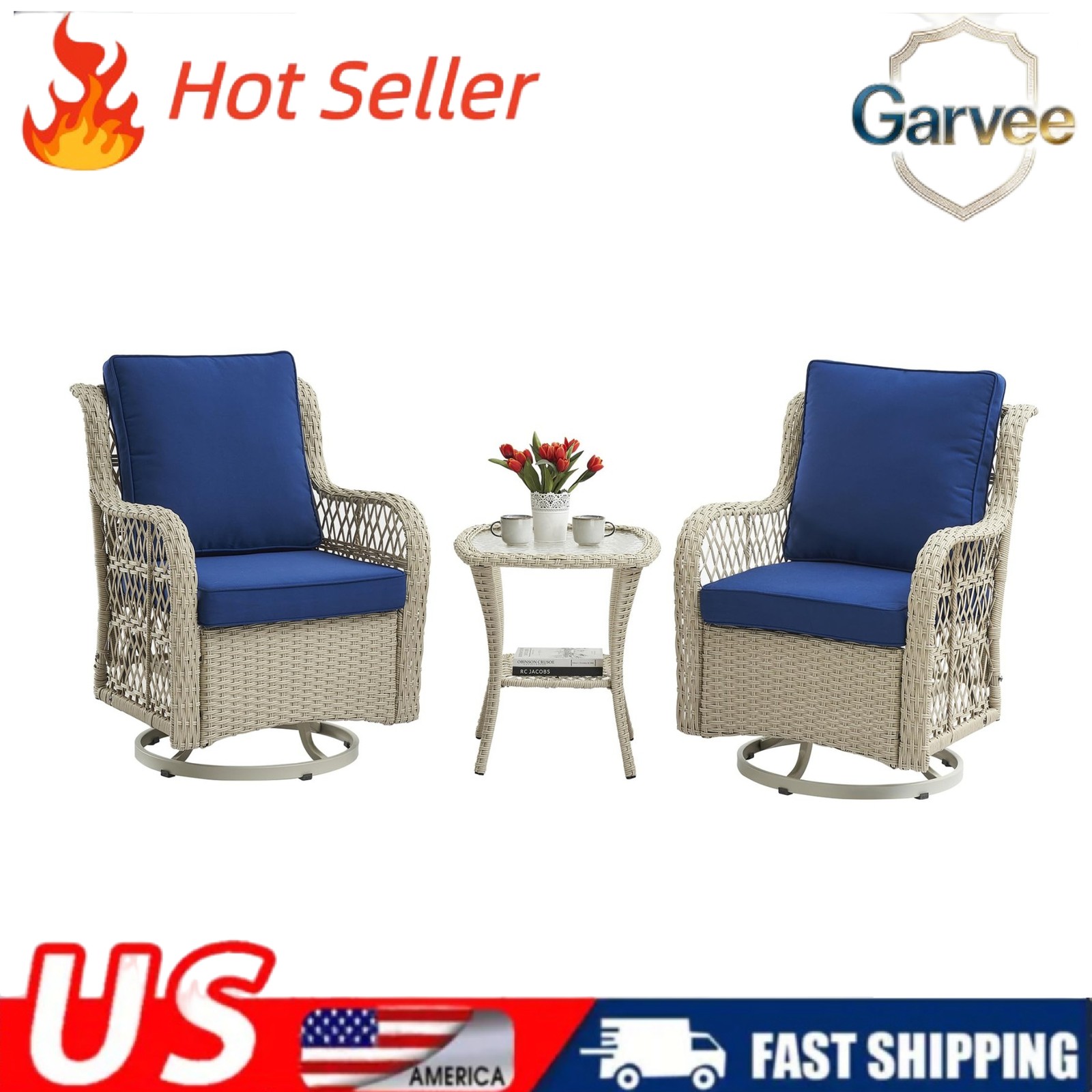 Grey Rattan 3 Piece Outdoor Wicker Bistro Set 2 Swivel Chairs Tempered Glass
