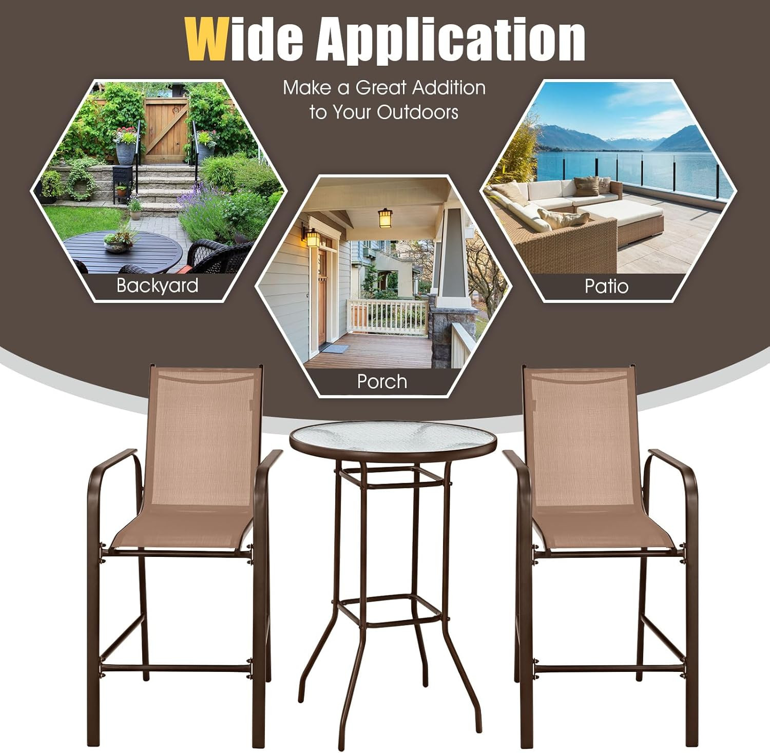Stylish 3-Piece Outdoor Bar Set with Glass Table & 2 Stools – Coffee Color