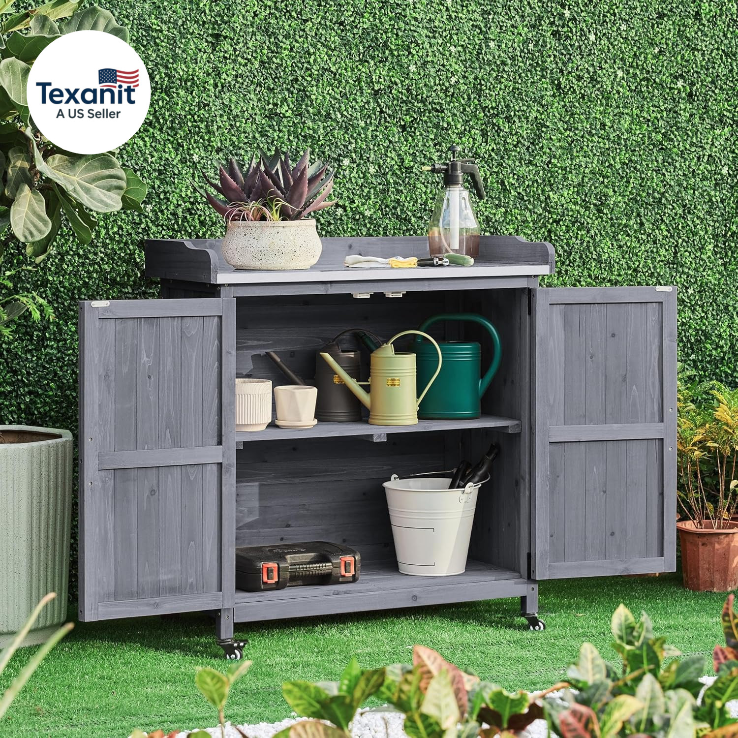 Garden Potting Bench Table, Outdoor Garden Horticultural Wooden Storage Cabinet