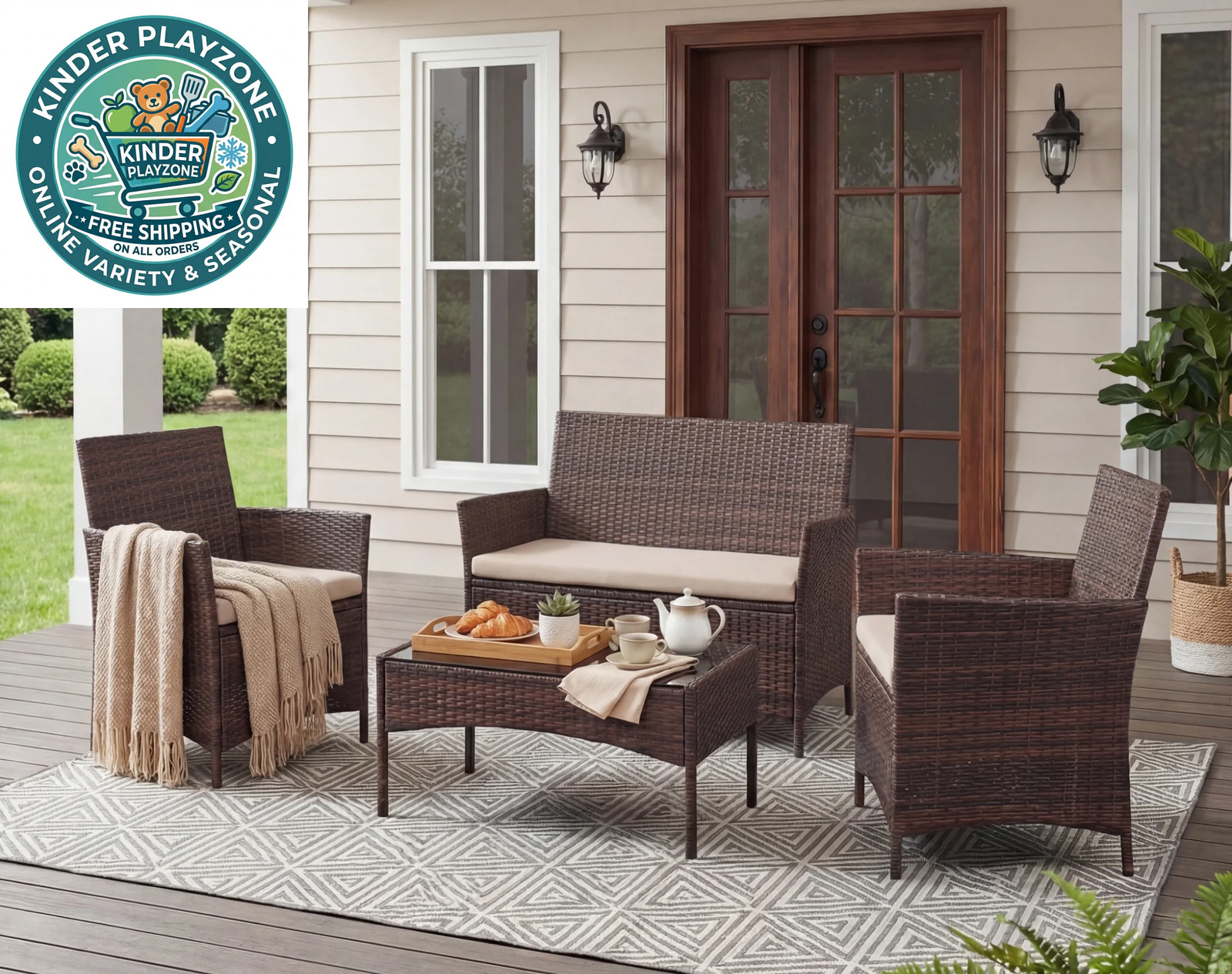 4 Piece Khaki Outdoor Patio Furniture Set Outdoor Porch With Cushions Clearance