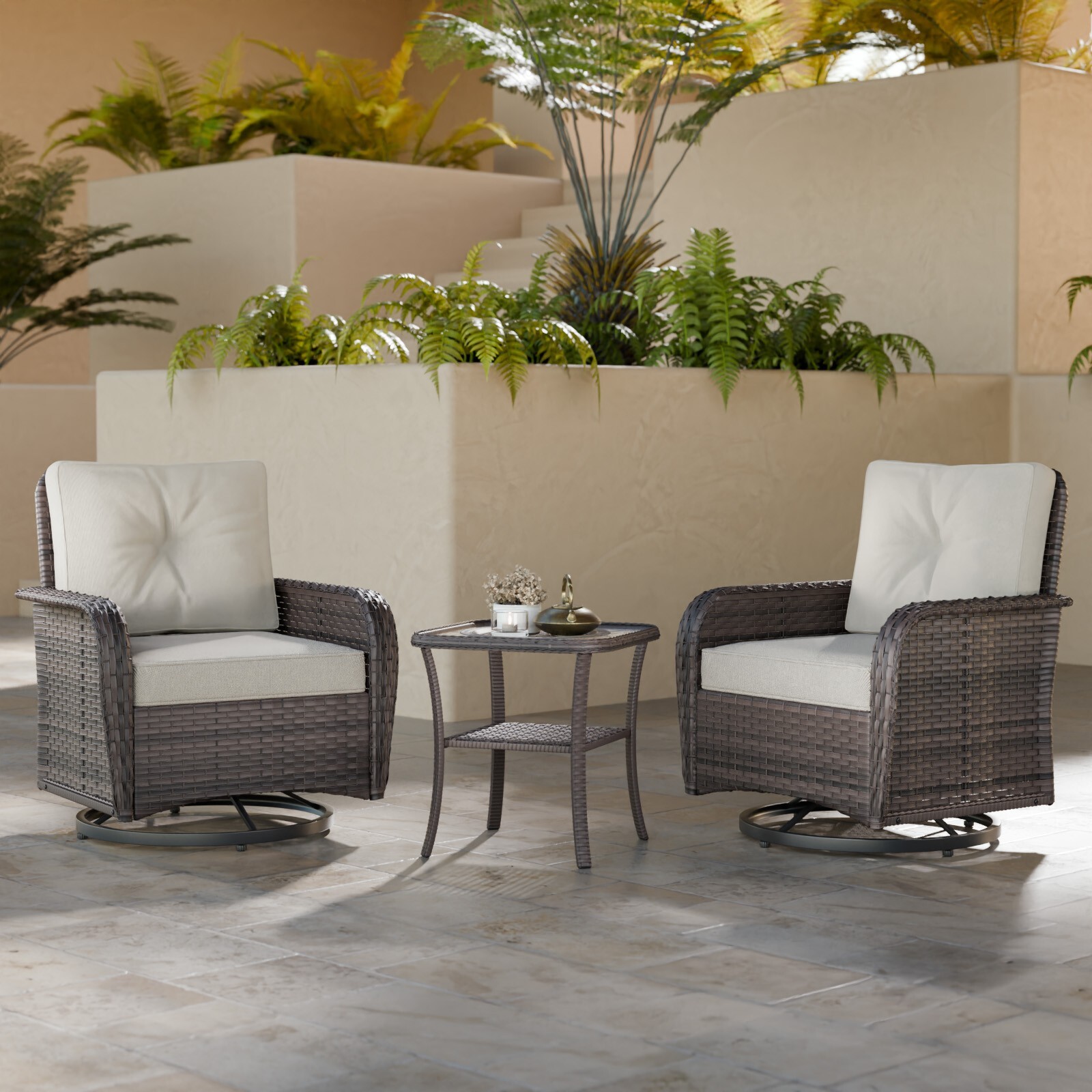EAGLE PEAK 3 PCS Patio Bistro Set Outdoor Wicker Furniture Swivel Chairs Set