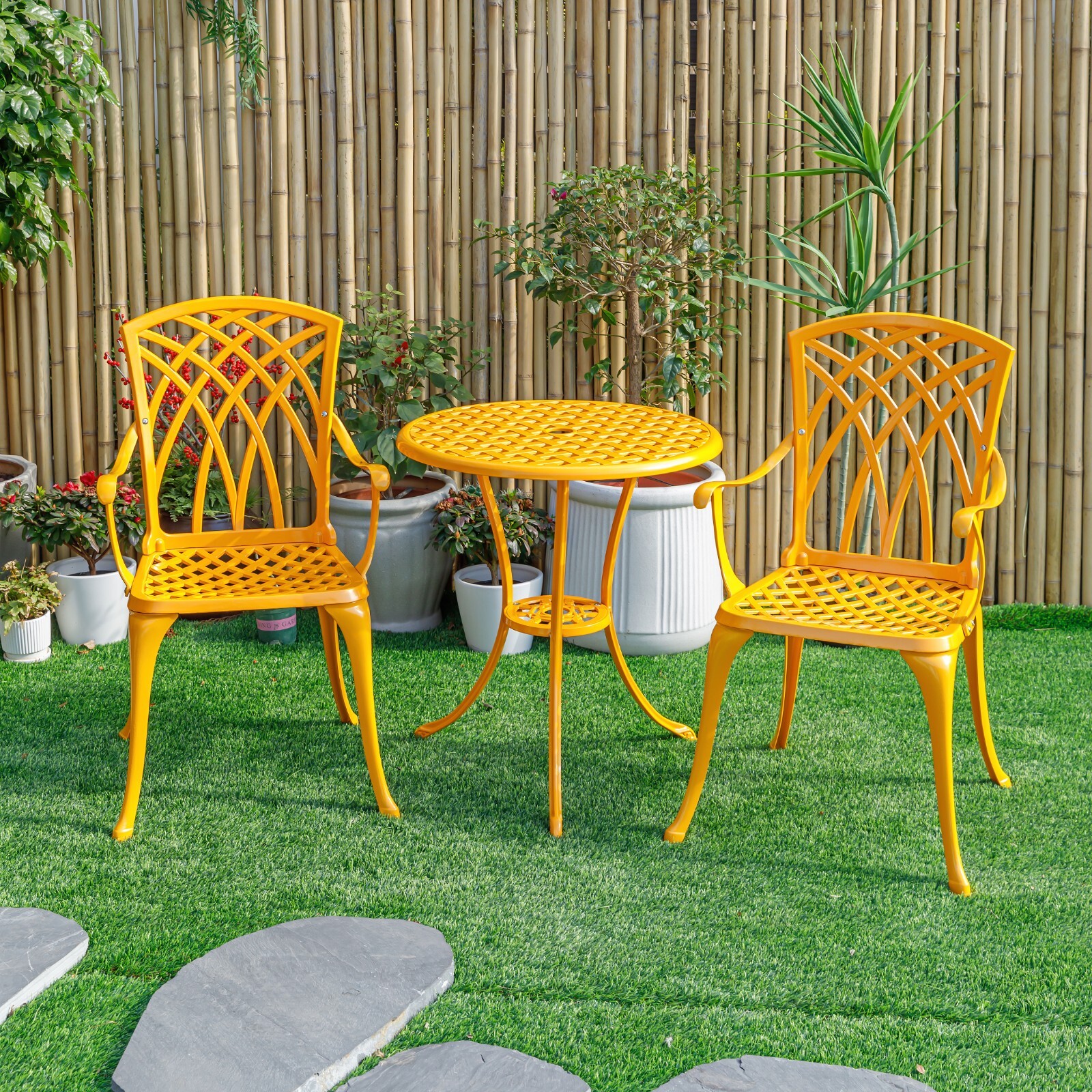 3 Pcs Bistro Set Yellow Table 2 Chairs Outdoor Patio Furniture Weather Resistant
