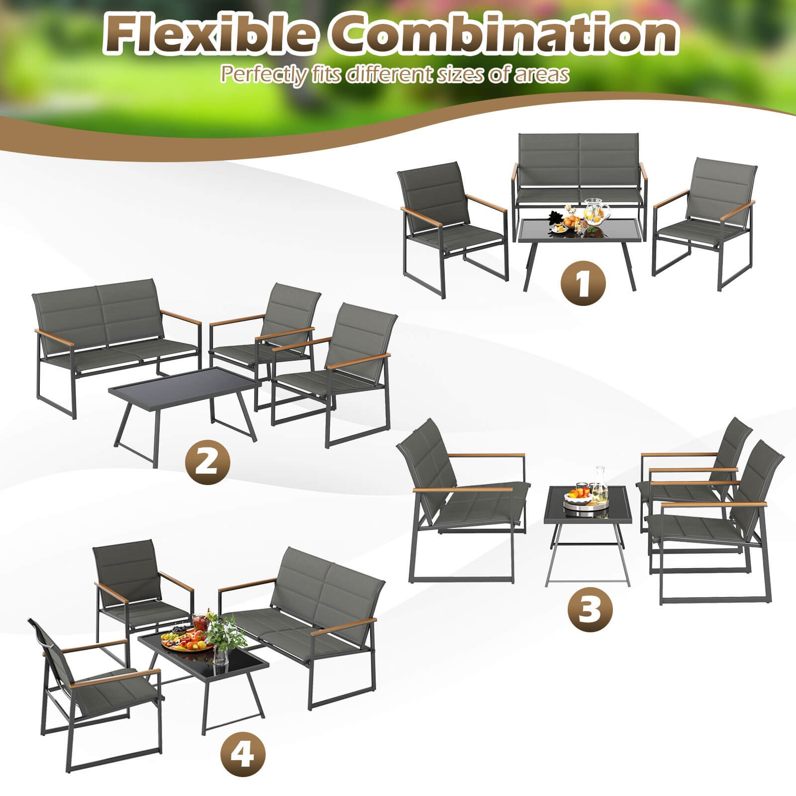 4 PCS Patio Furniture Set w/ Padded Fabric Seat & Wood-Plastic Armrests Table