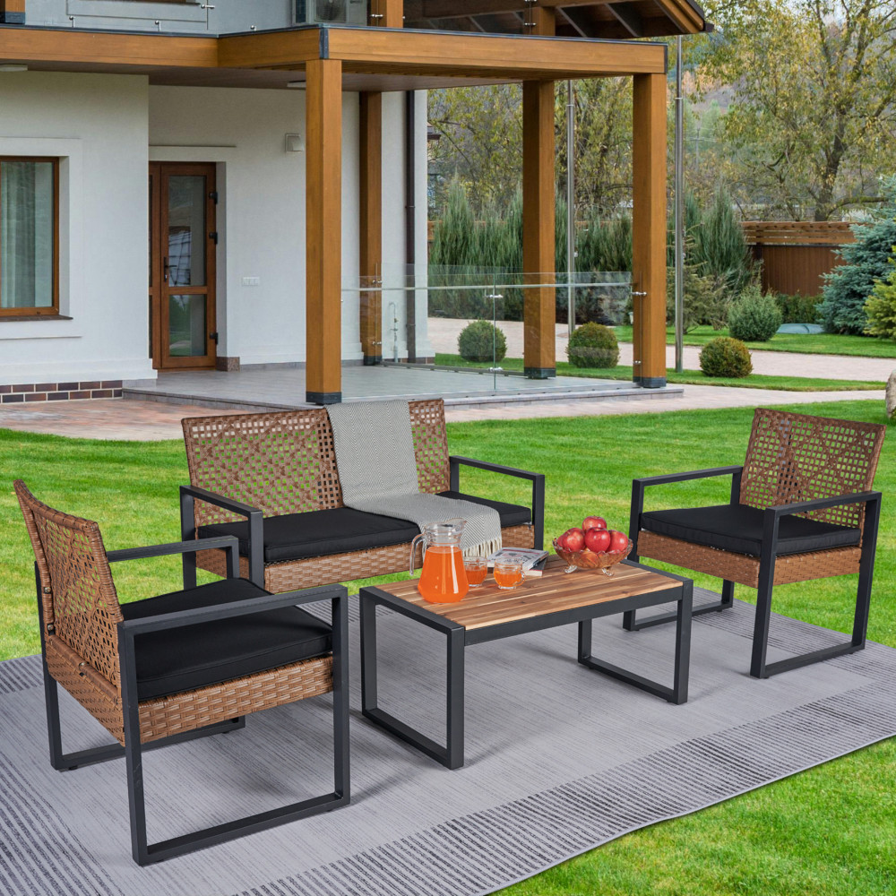 Outdoor 4-Piece Patio Sectional Set w/ Acacia Wood Table & Cushions