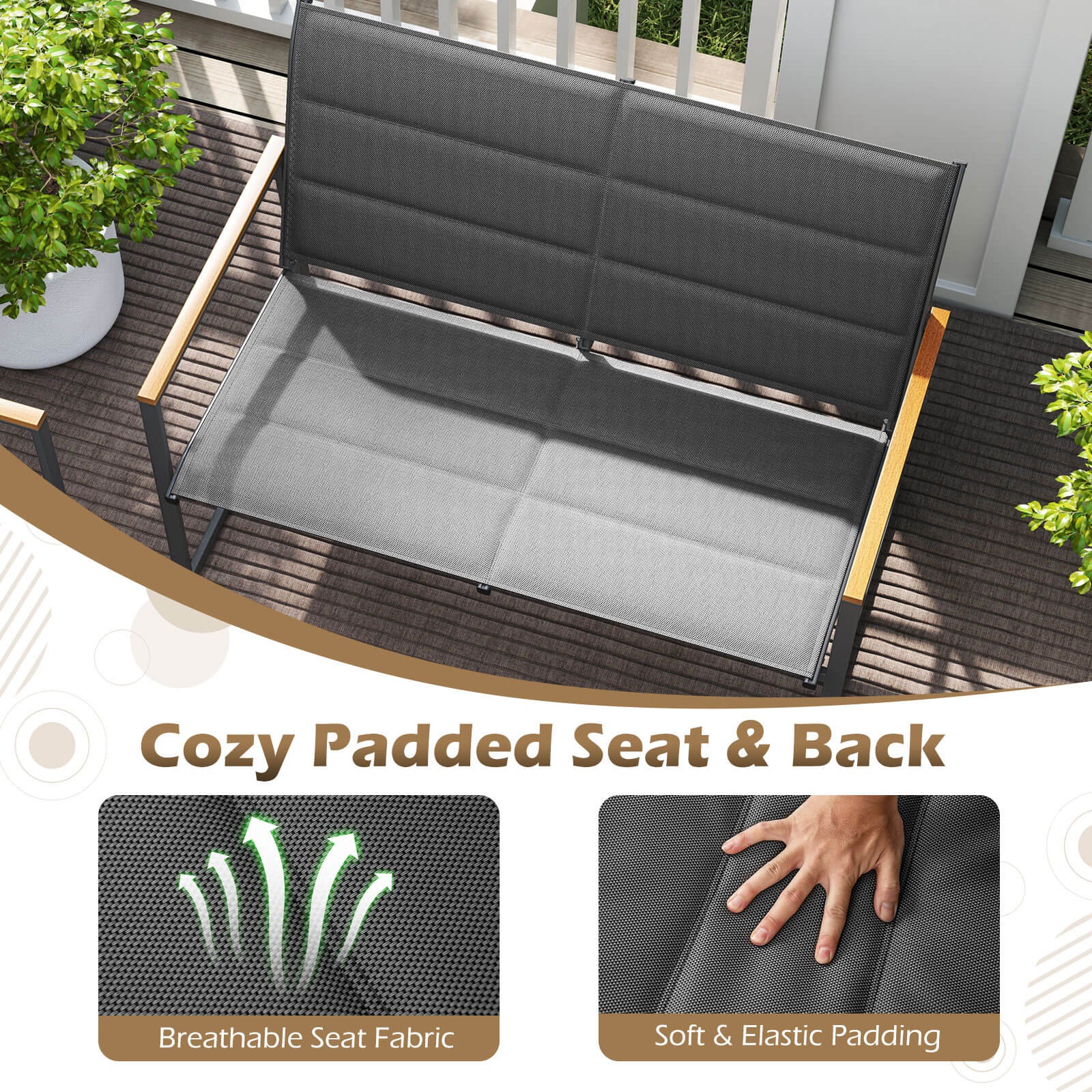 4 PCS Patio Furniture Set w/ Padded Fabric Seat & Wood-Plastic Armrests Table