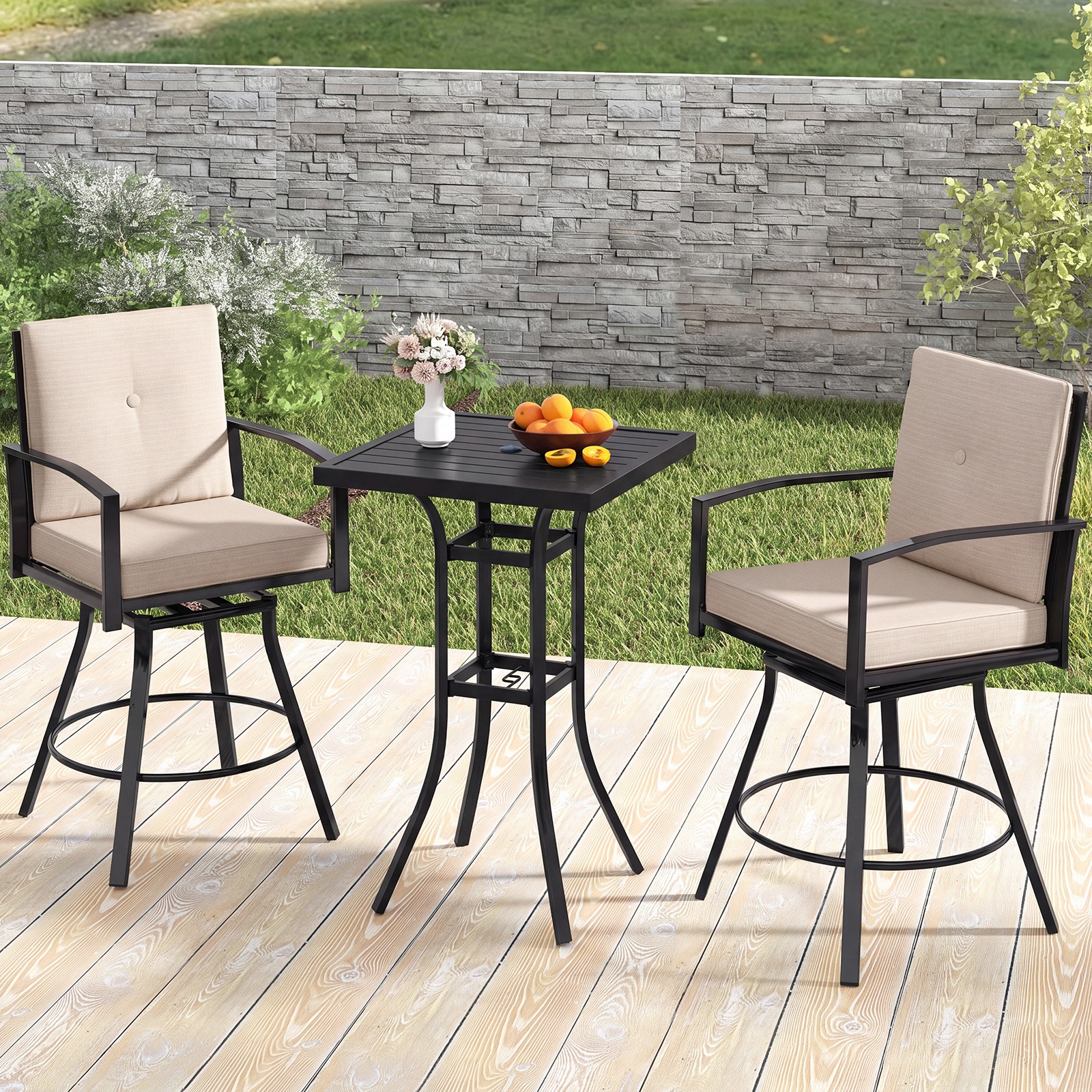 3 Pieces Patio Swivel Bar Set with Soft Cushions & 1.57” Umbrella Hole for Lawn