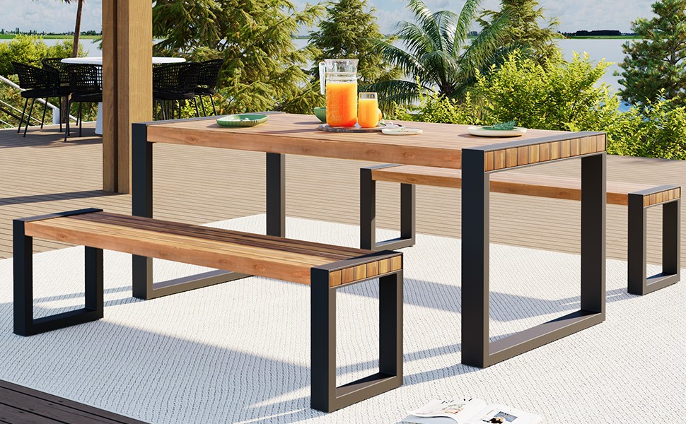 3-Piece Outdoor Dining Table Set with 2 Benches, Acacia Wood Top & Steel Frame