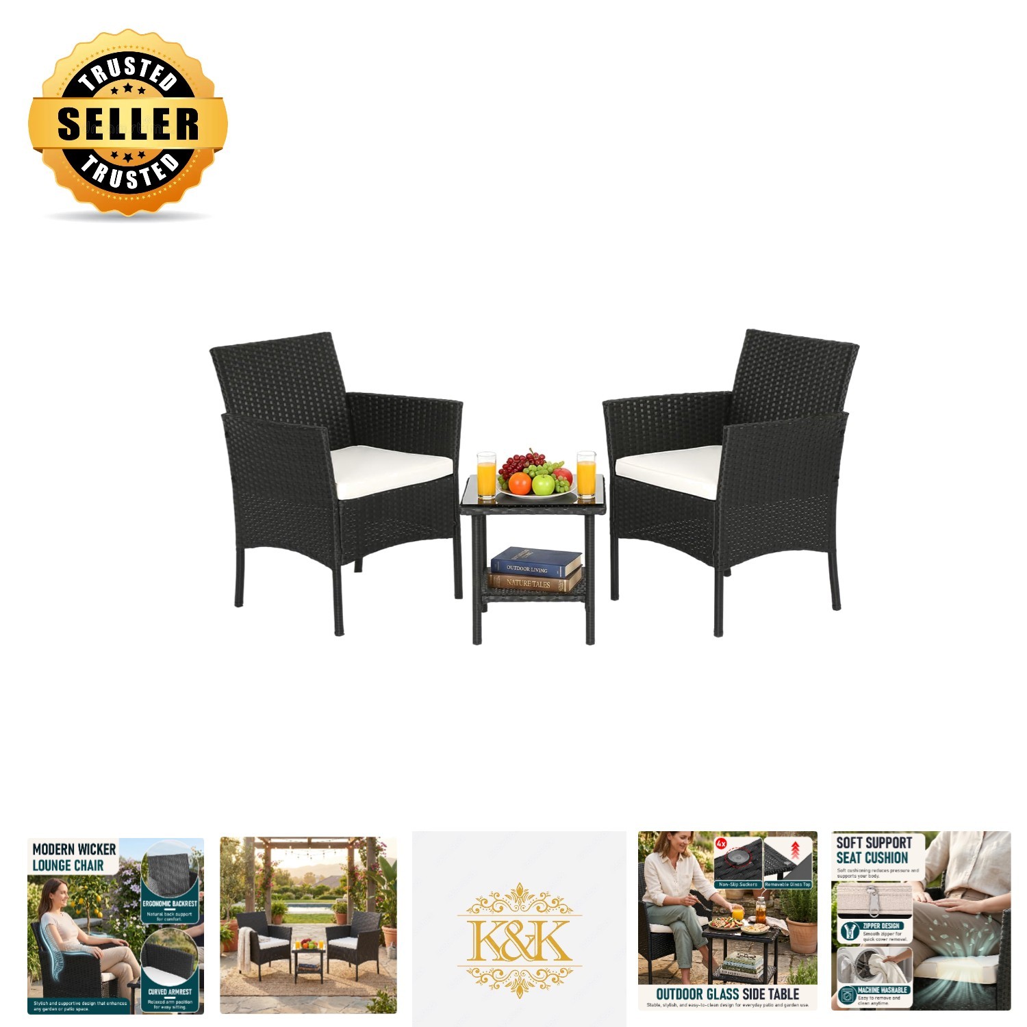 Stylish Rattan Patio Conversation Set – 2 Chairs & Glass Coffee Table Included