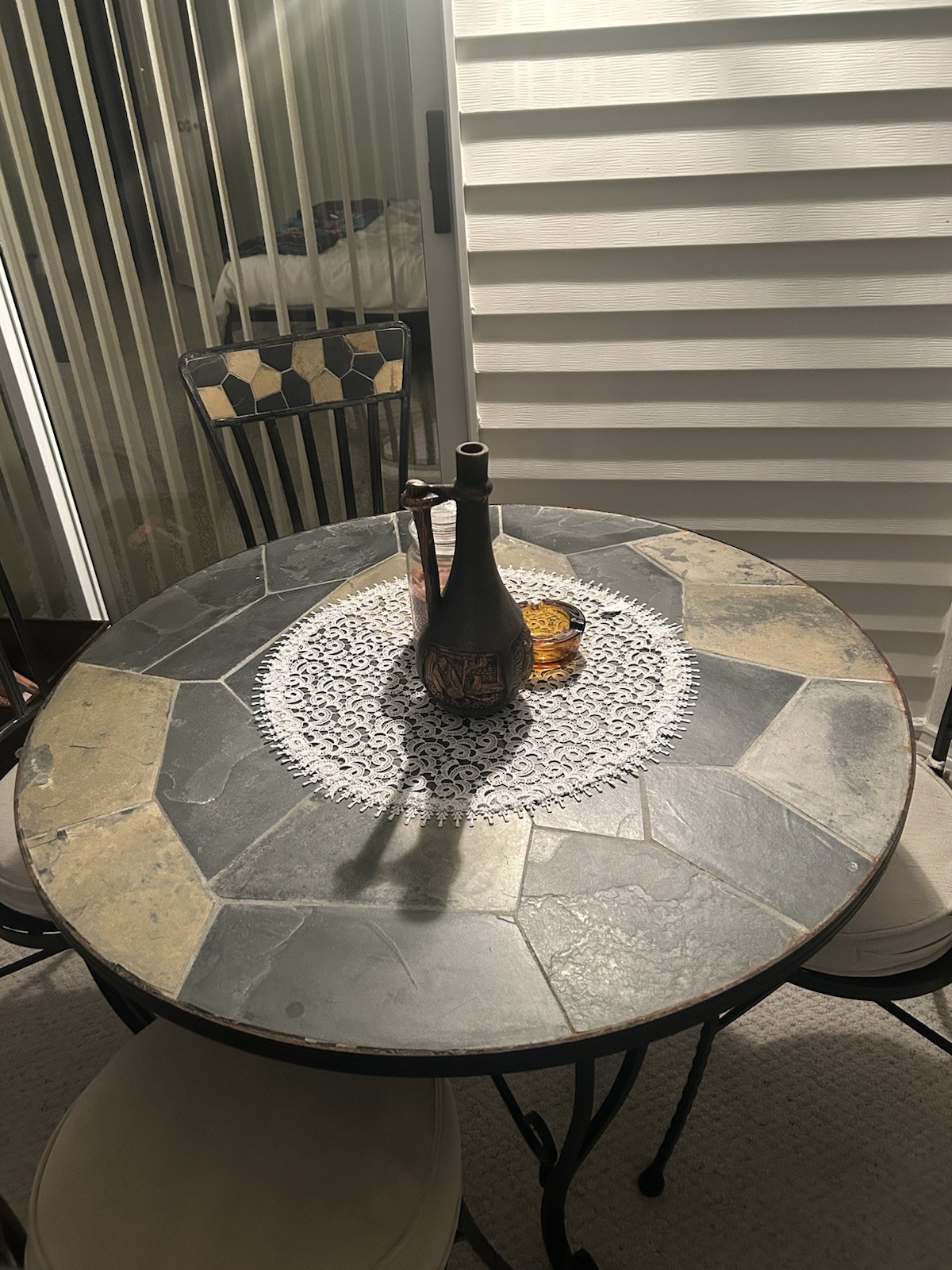 Metal and Stone Round Dining Set, 4 Black Chairs, Beige Cushions